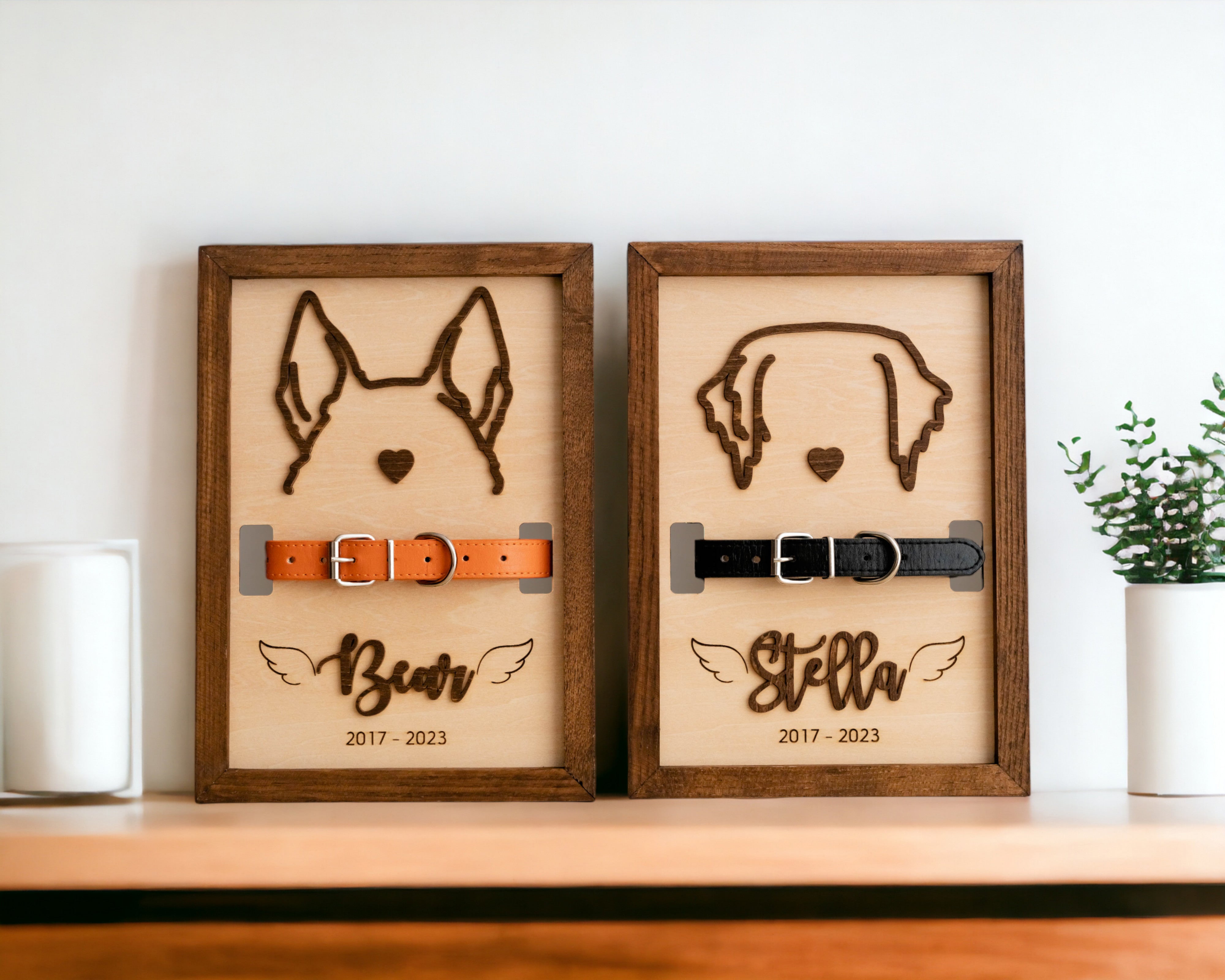 Dog Ear Drawing Framed Wood Pet Memorial Frame with Collar E71