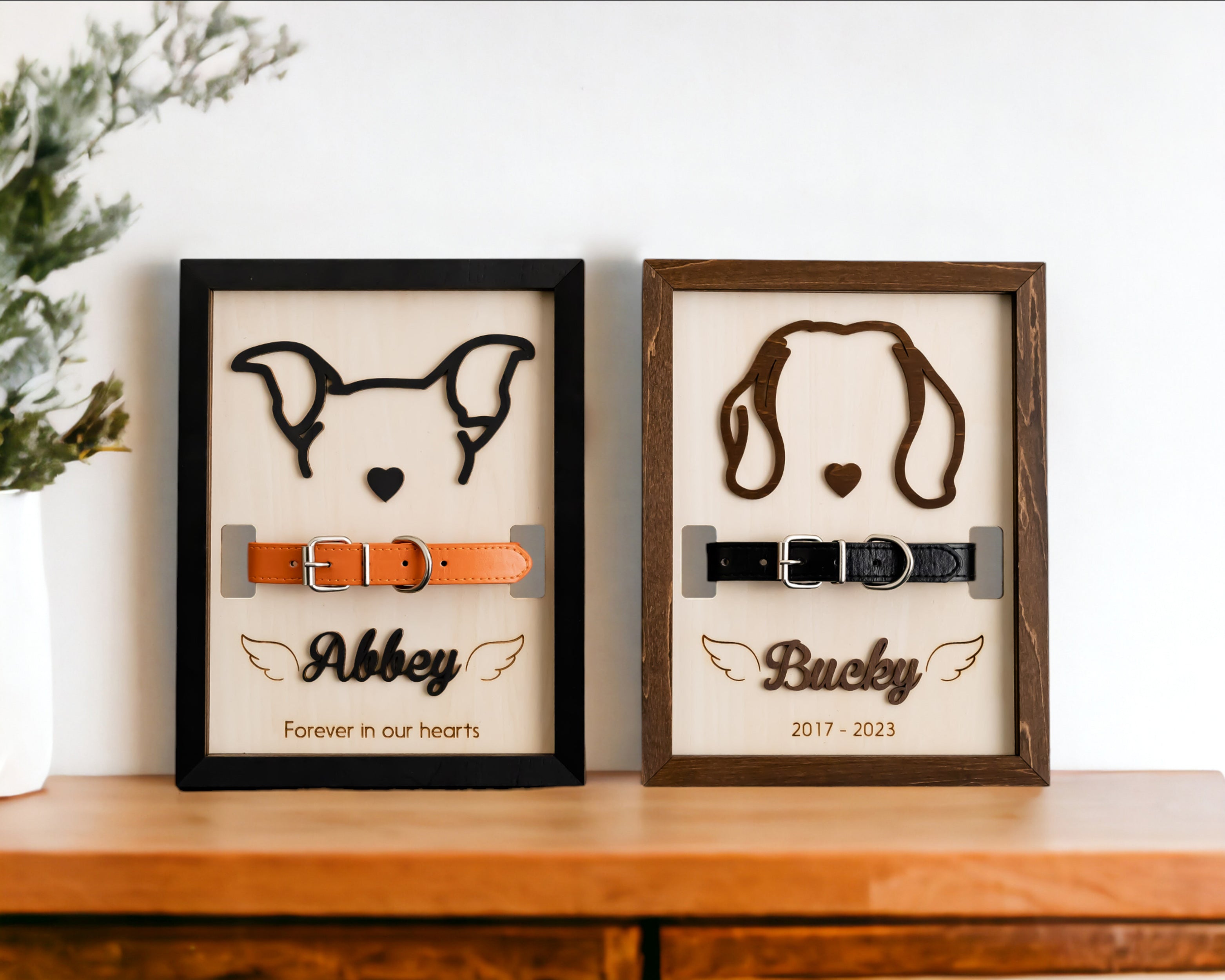 Dog Ear Drawing Framed Wood Pet Memorial Gift with Collar E71
