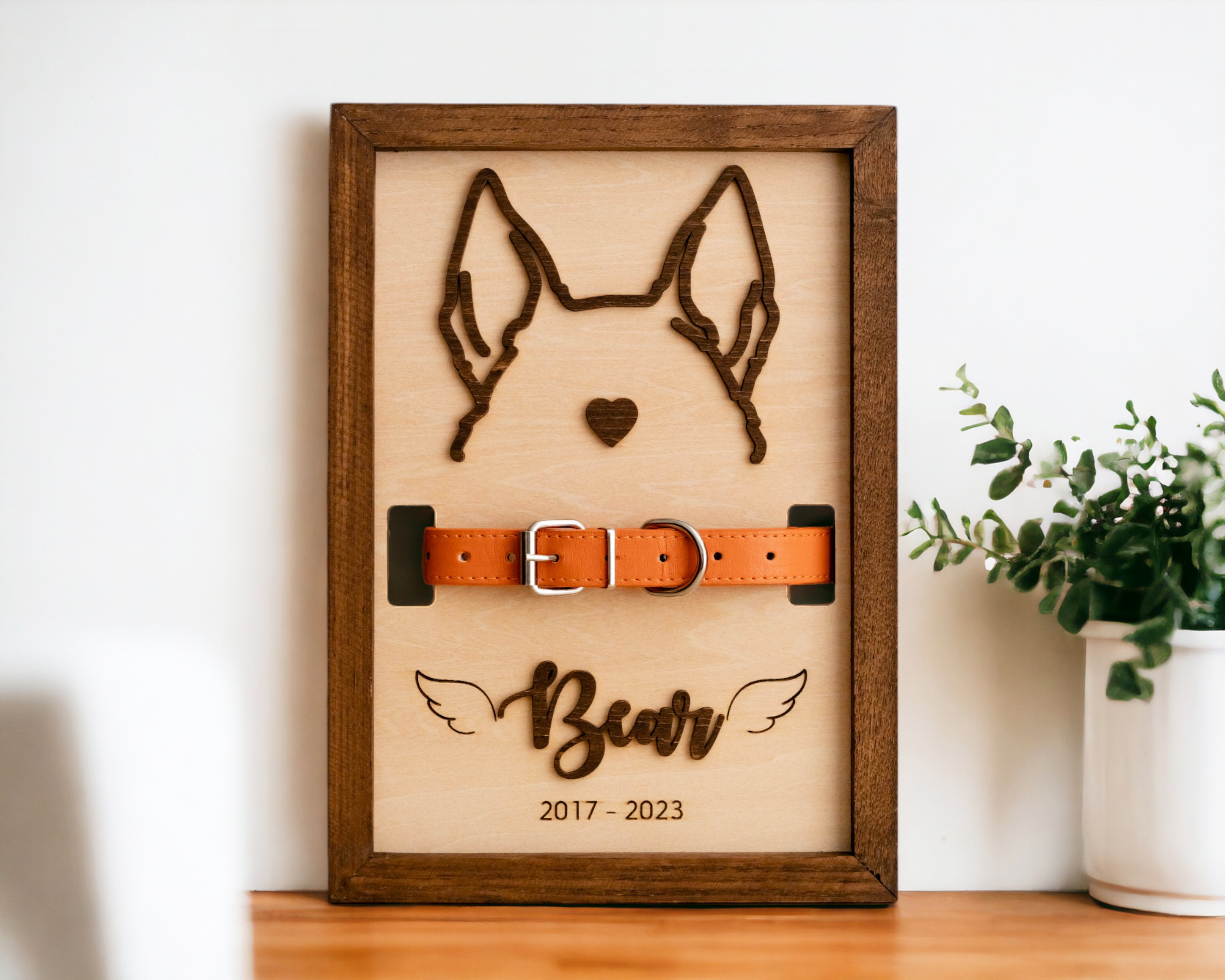 Dog Ear Drawing Framed Wood Pet Memorial Frame with Collar E71