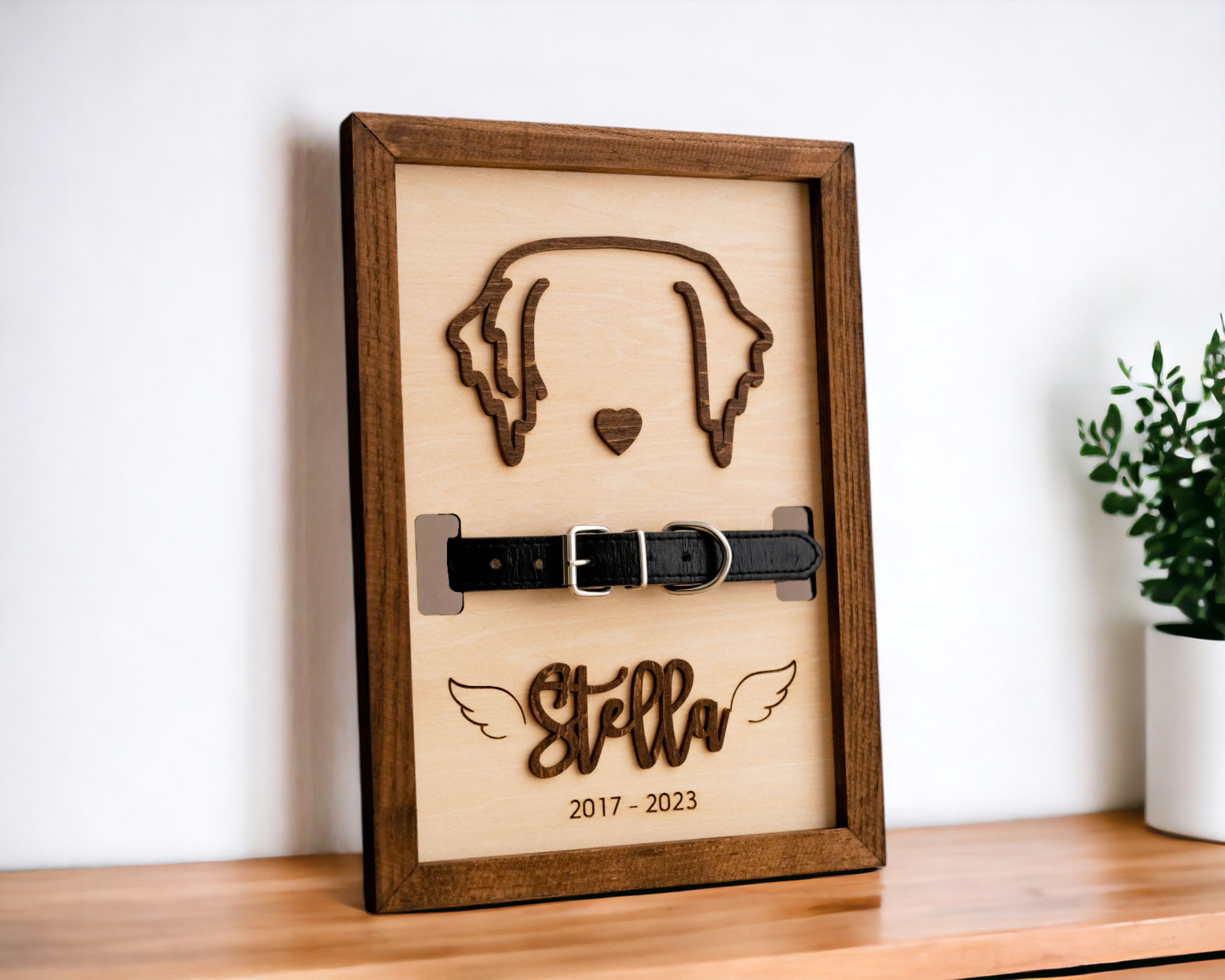 Dog Ear Drawing Framed Wood Pet Memorial Frame with Collar E71