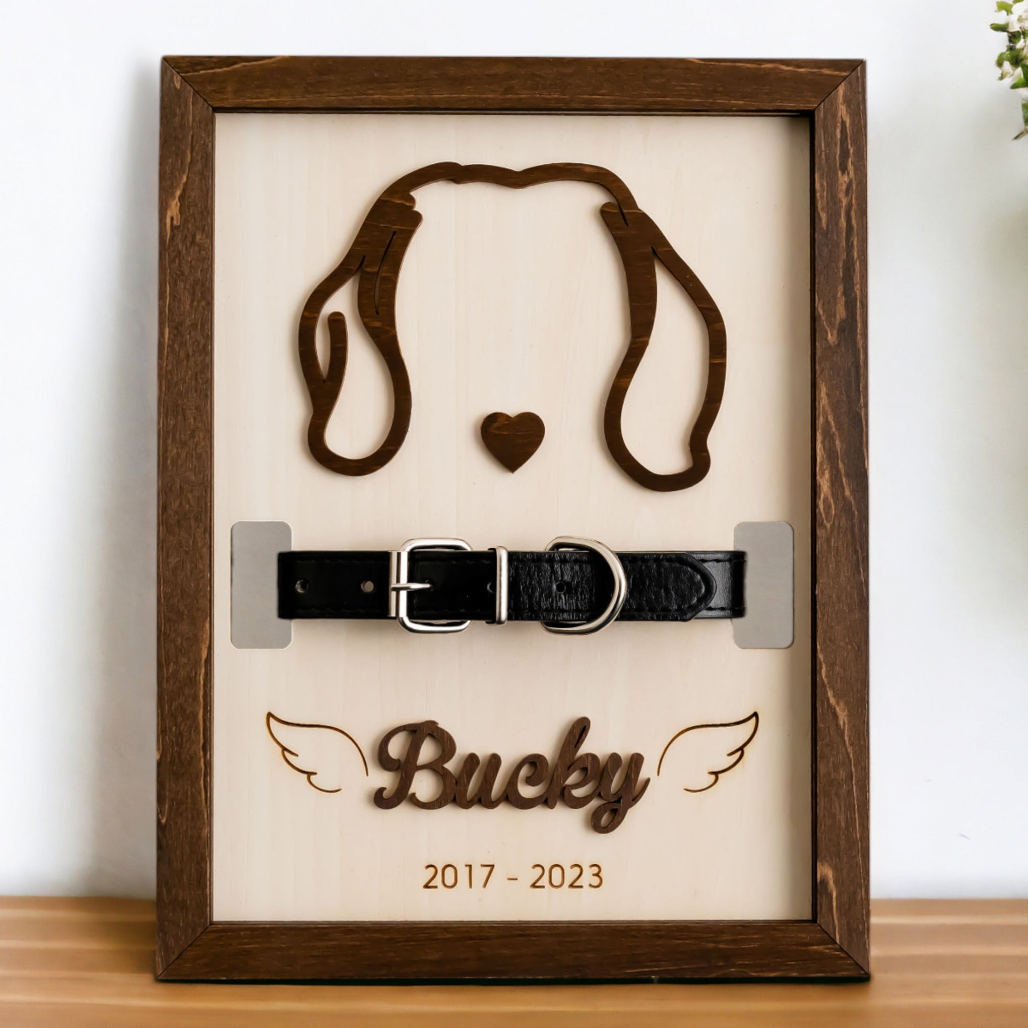 Dog Ear Drawing Framed Wood Pet Memorial Gift with Collar E71
