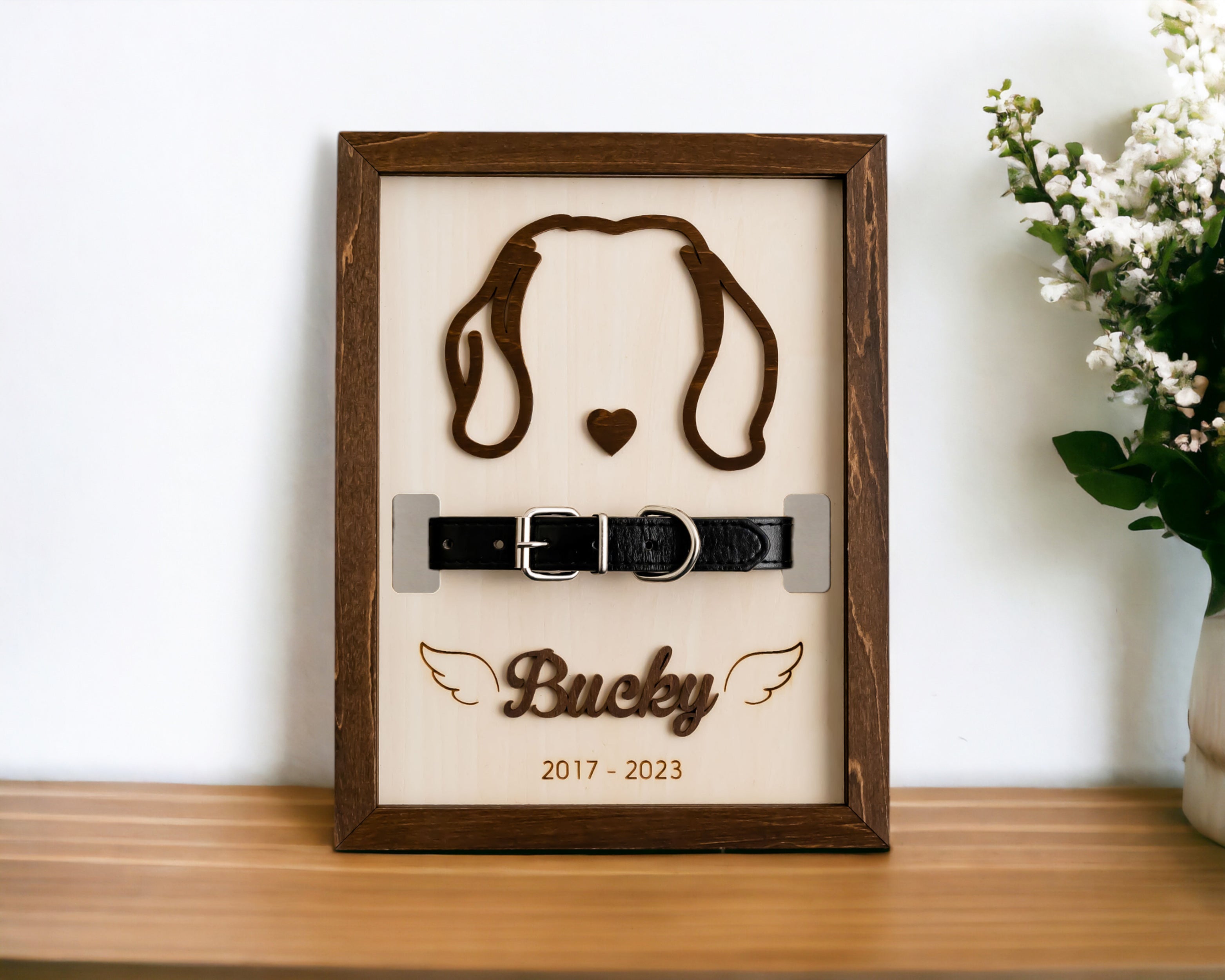 Dog Ear Drawing Framed Wood Pet Memorial Gift with Collar E71