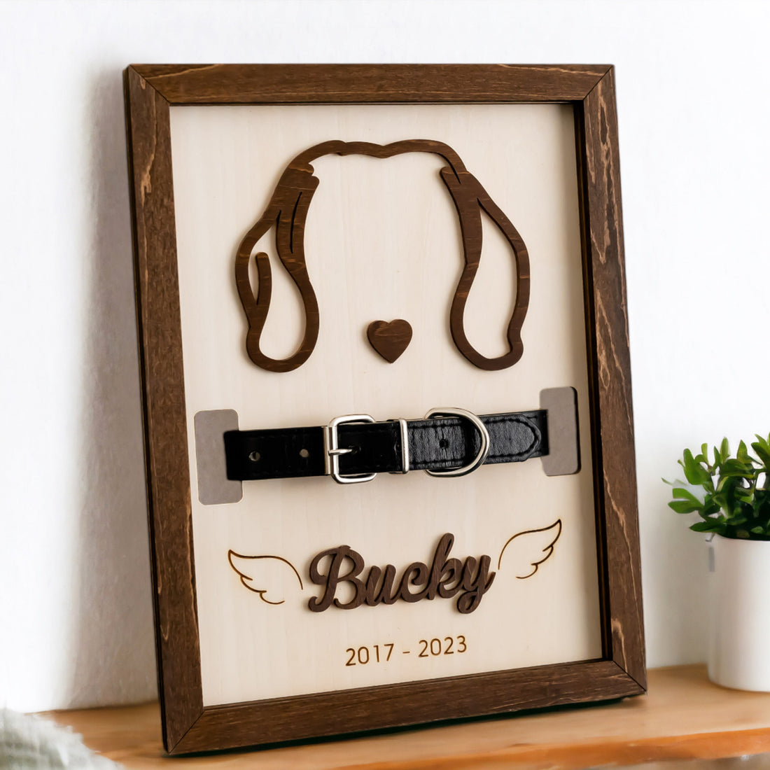 Dog Ear Drawing Framed Wood Pet Memorial Gift with Collar E71