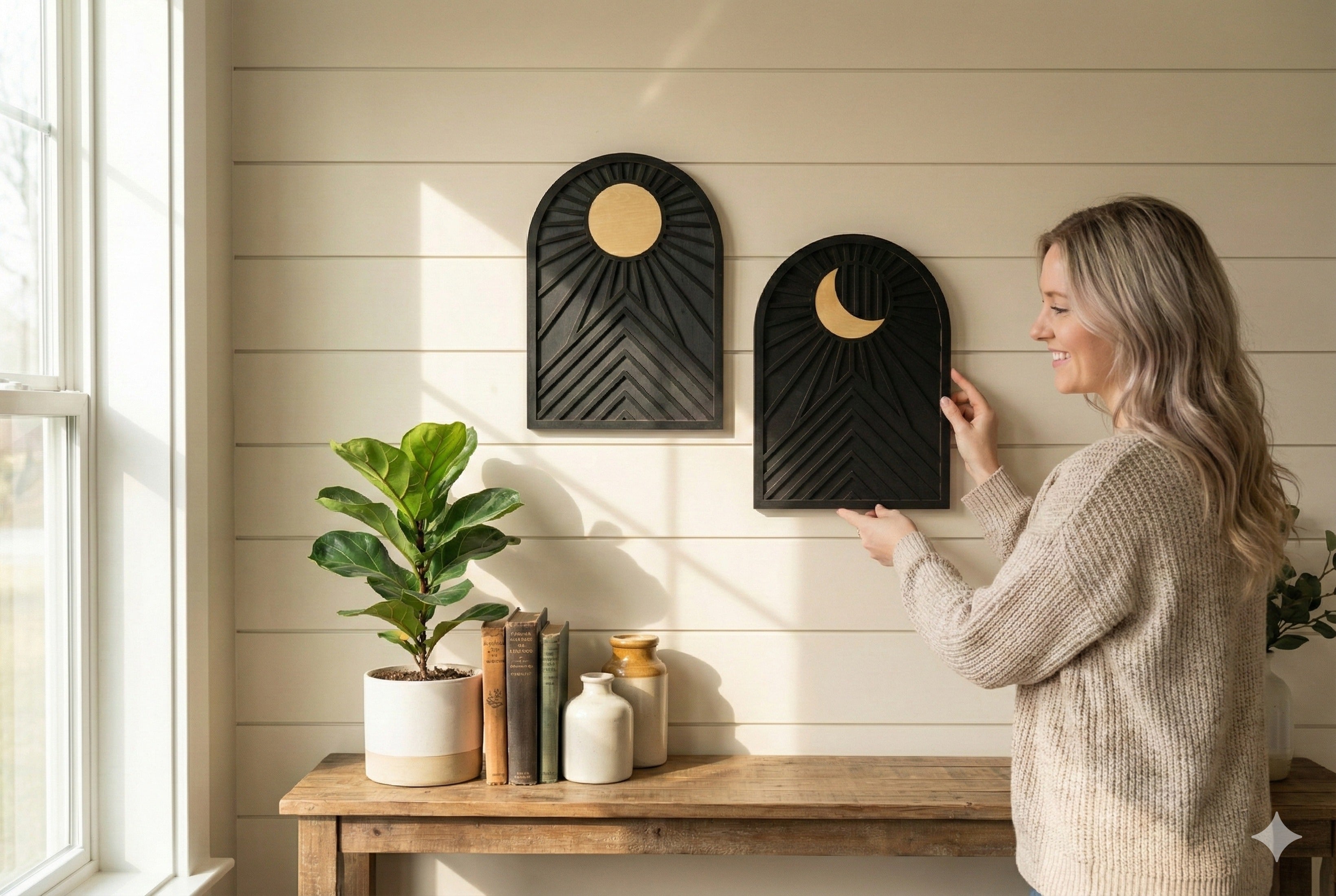 Celestial Sun and Moon Wooden Wall Art for Bohemian Living Room Decor E87