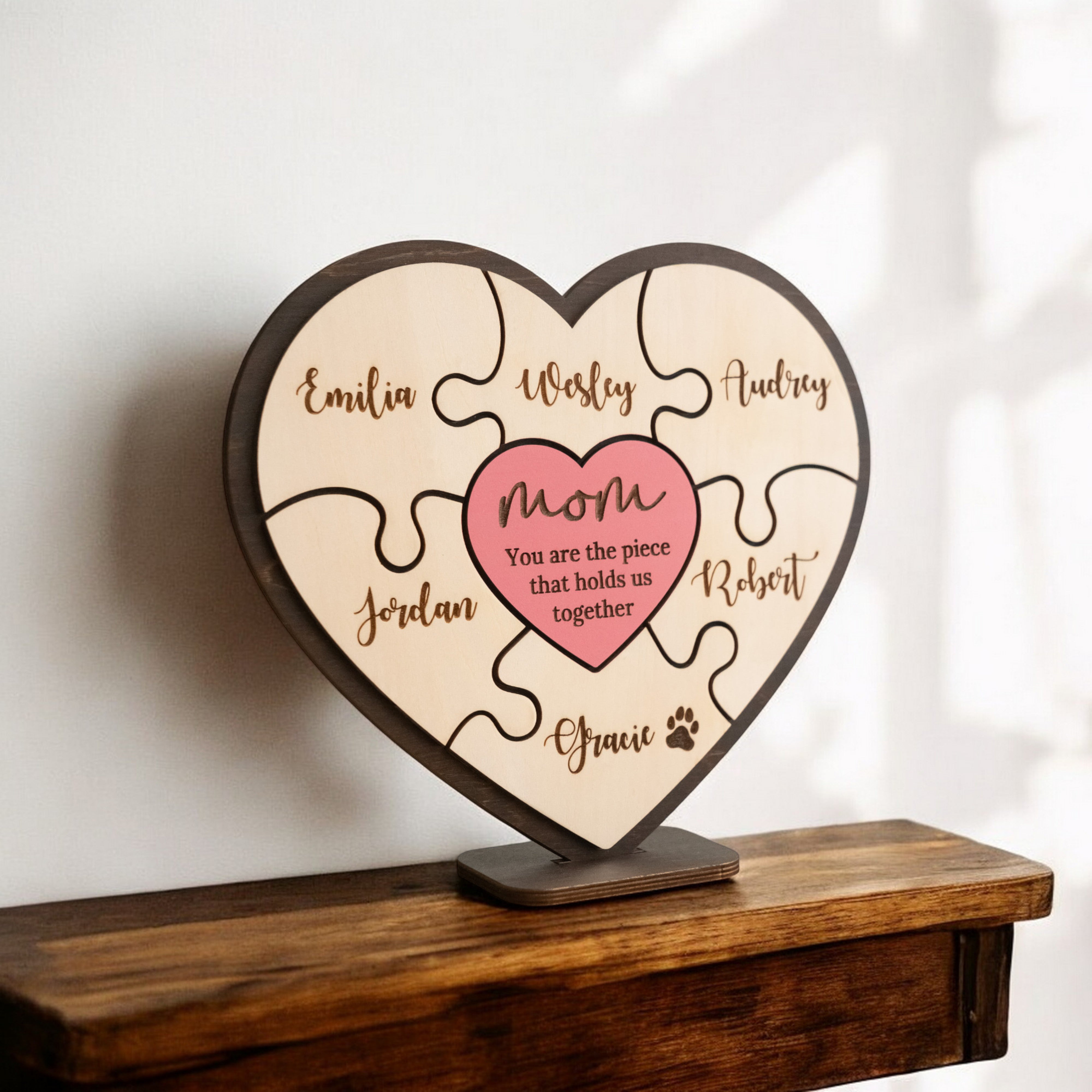 Personalized Wooden Heart Puzzle Frame for Mom Wooden Decor Gift for Mom and Personalized Puzzle Frame Round E95