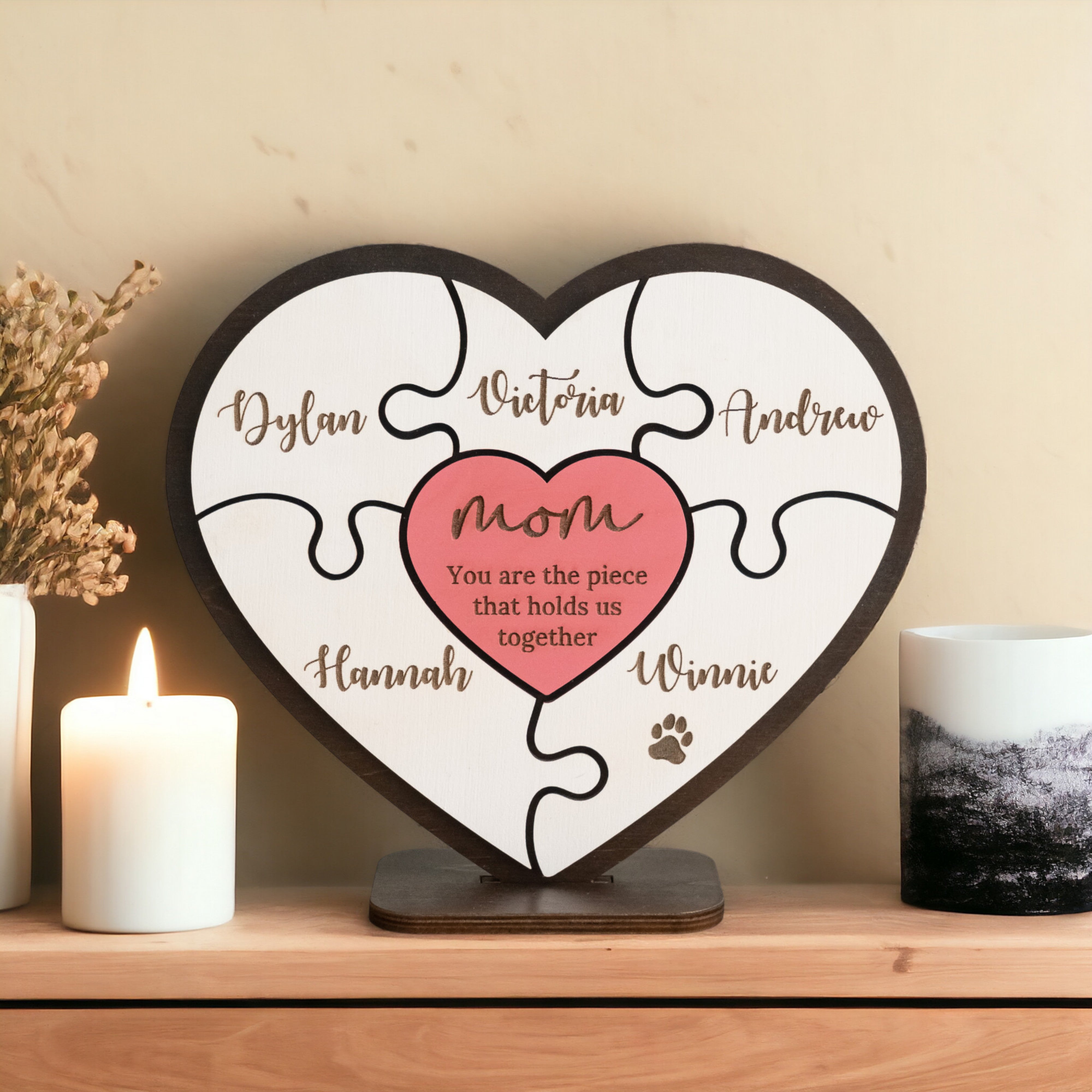 Personalized Wooden Heart Puzzle Frame for Mom Wooden Decor Gift for Mom and Personalized Puzzle Frame Round E95