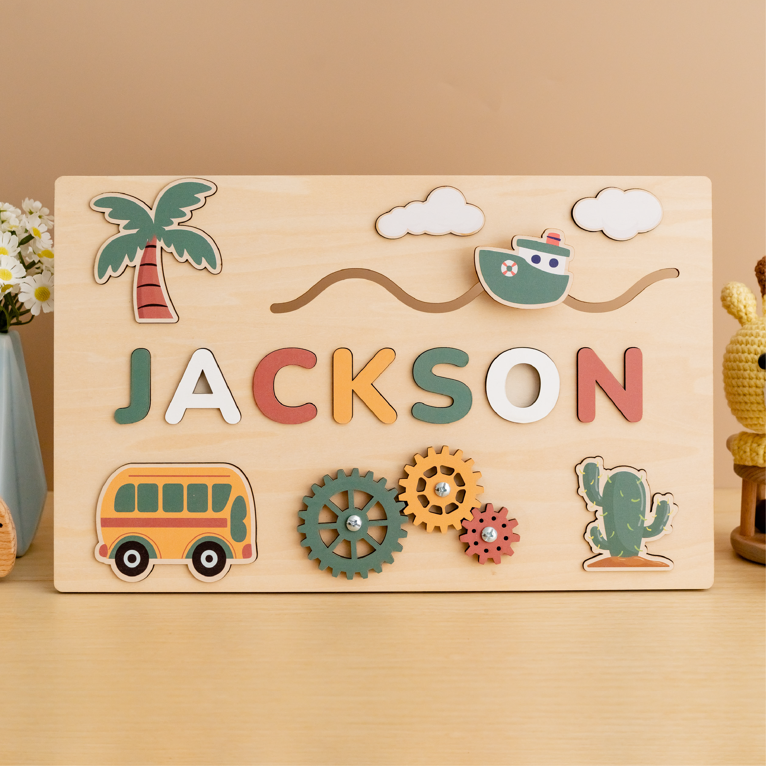 Wooden Busy Board Name Sign for Nursery and Kids Decor R03