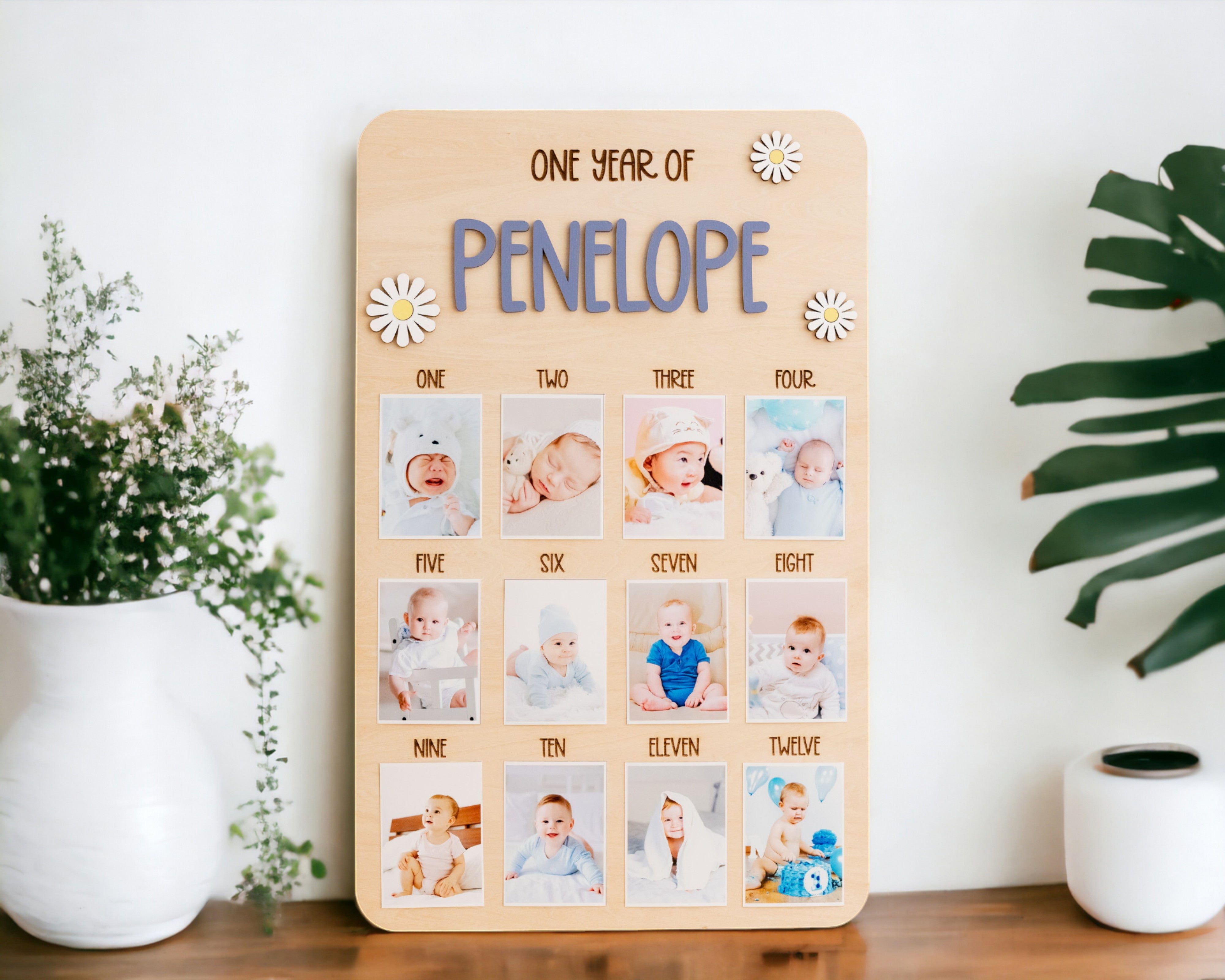 Personalized First Year Photo Board Natural Wood for Nursery Wall Decor G71