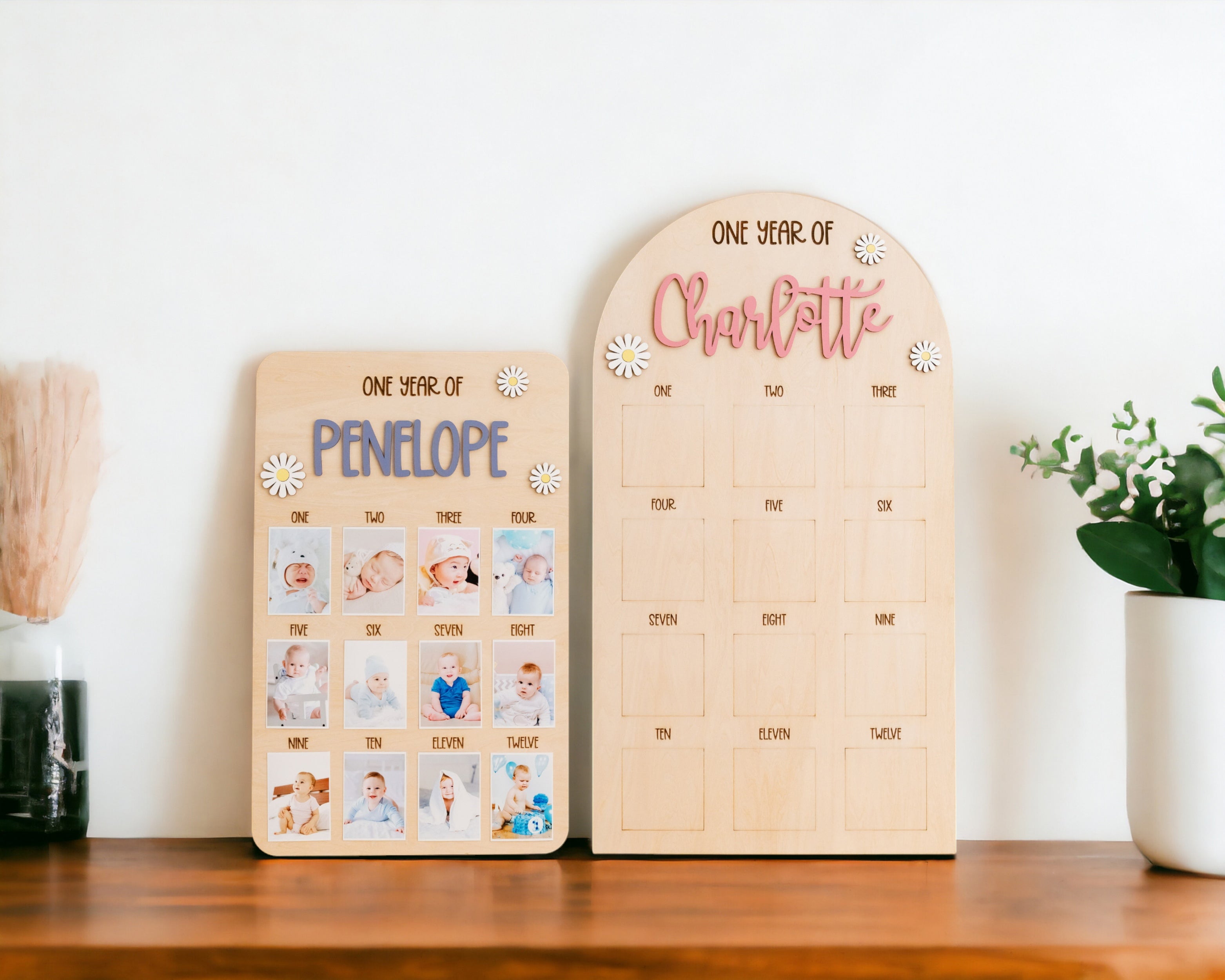 Personalized First Year Photo Board Natural Wood for Nursery Wall Decor G71
