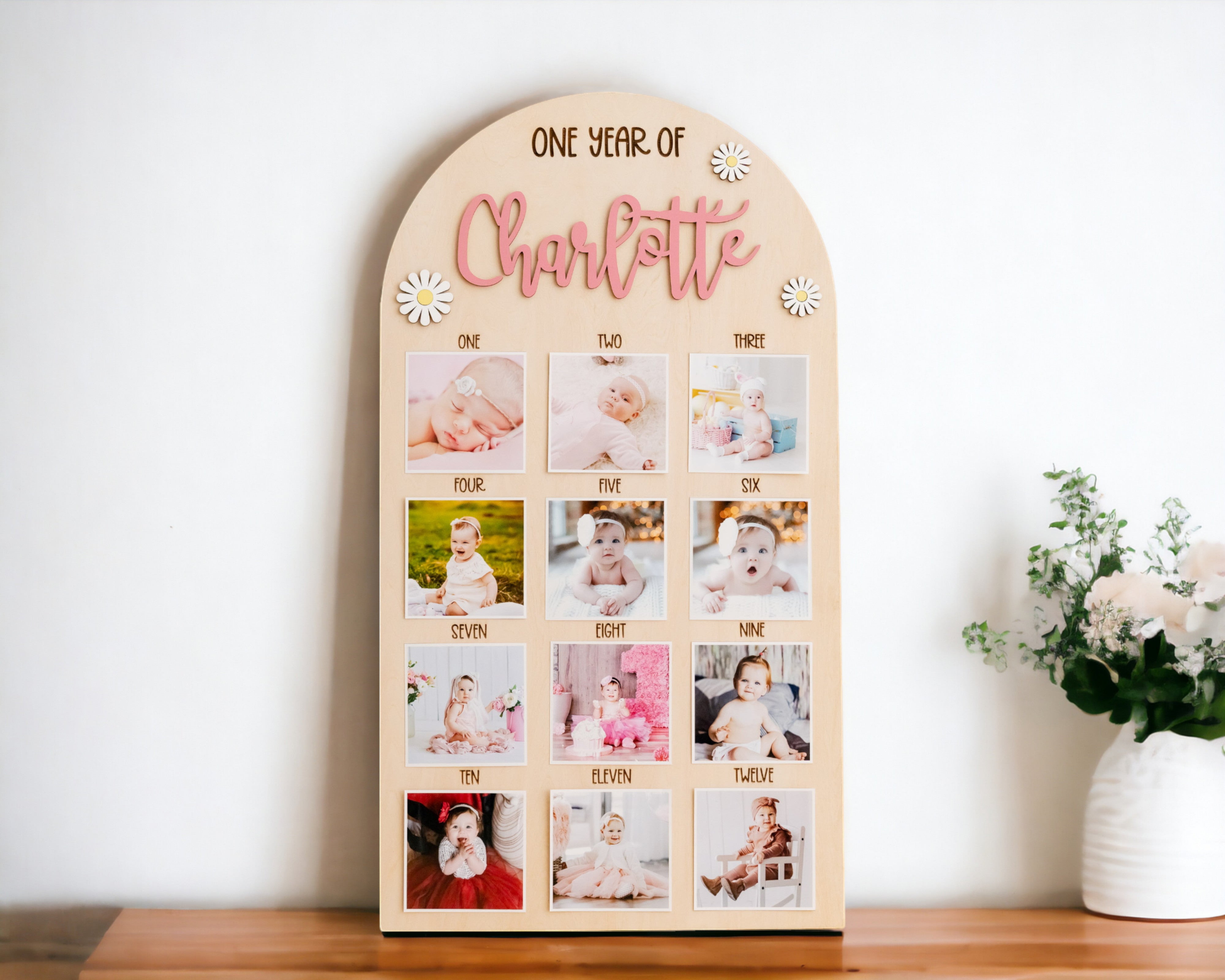 Personalized First Year Photo Board Natural Wood for Nursery Wall Decor G71