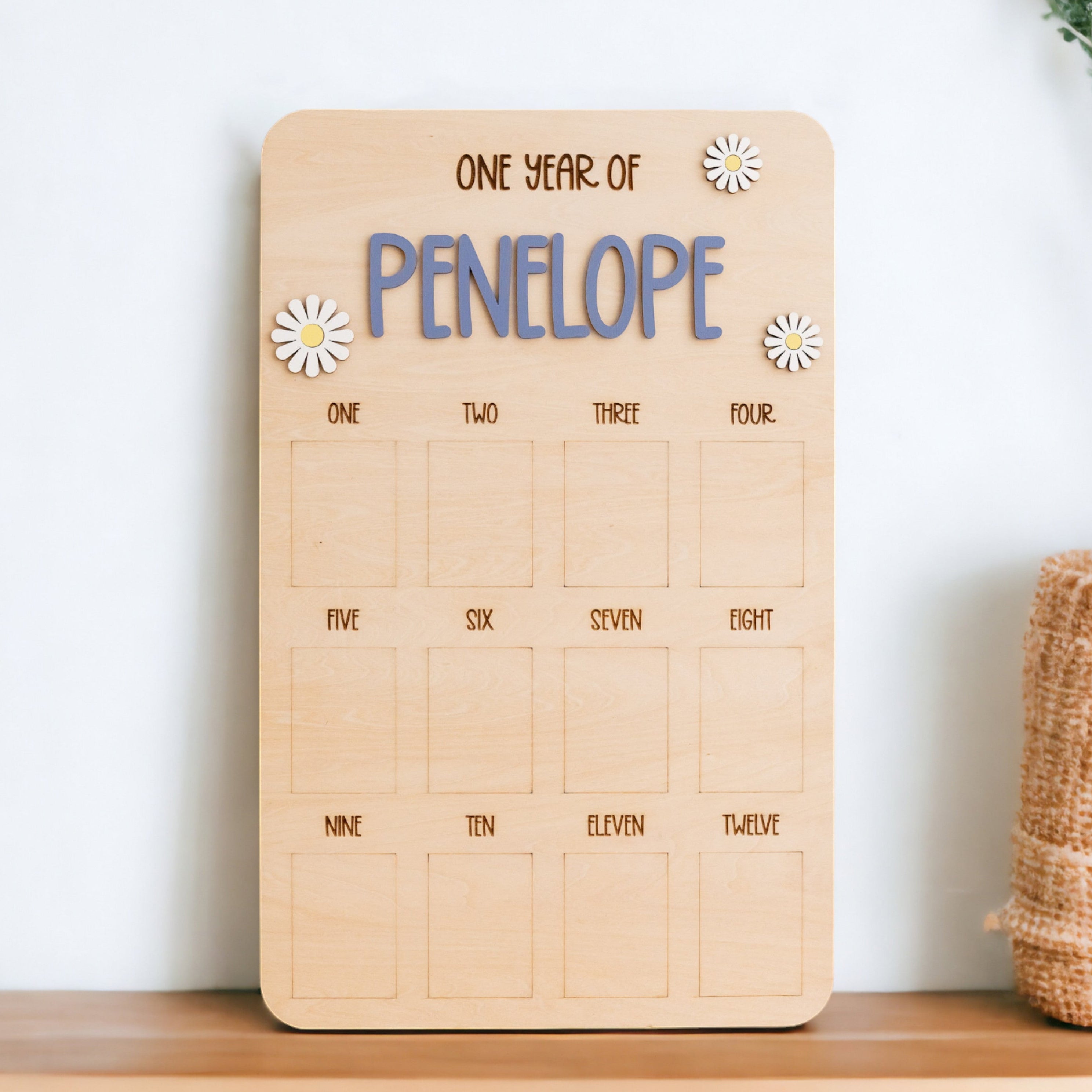 Personalized First Year Photo Board Natural Wood for Nursery Room Wall Decor G71