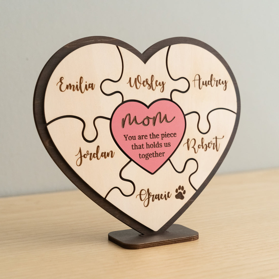 Personalized Wooden Heart Puzzle Frame for Mom Wood Gift for Grandma and Custom Family Puzzle Round E95