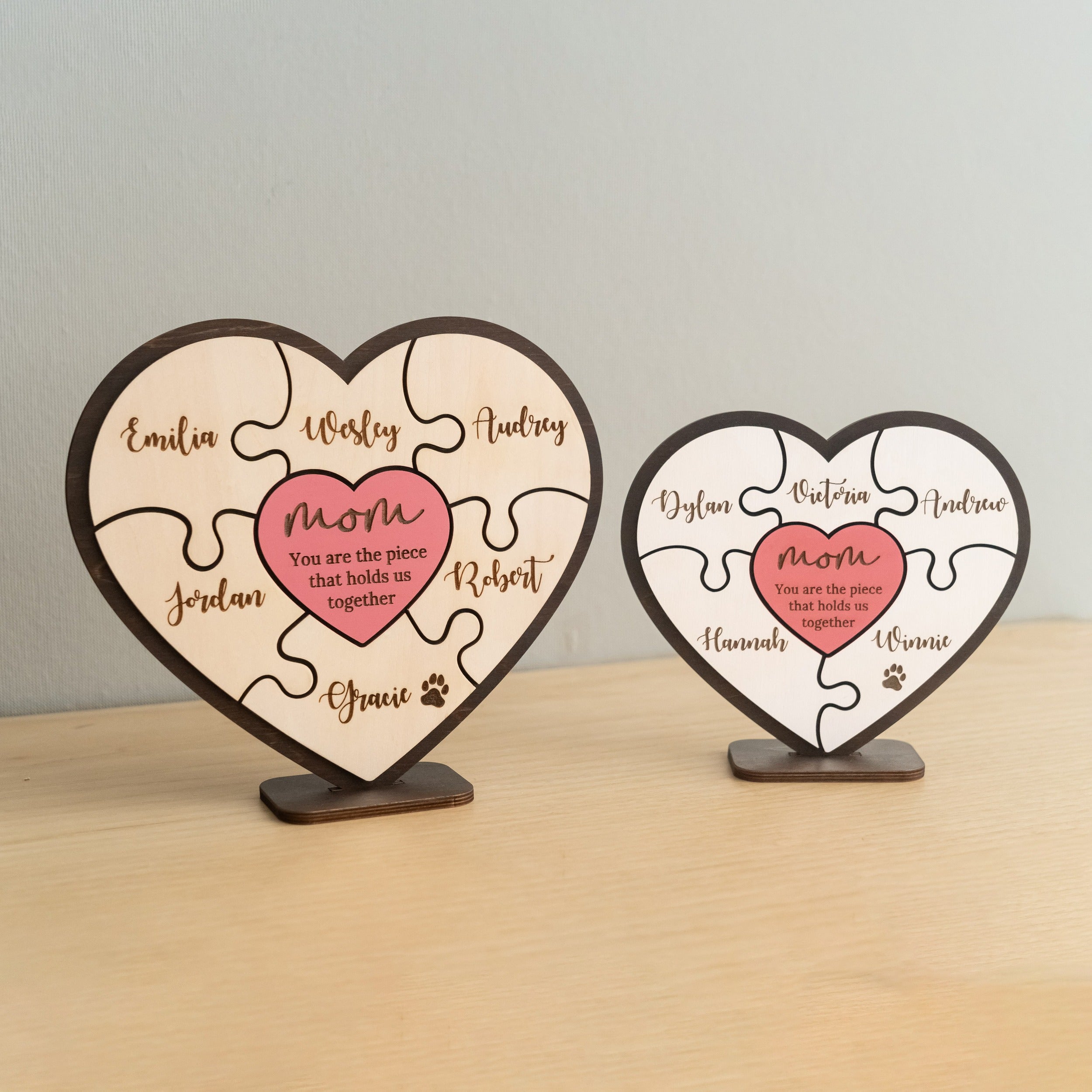 Personalized Wooden Heart Puzzle Frame for Mom Wood Mothers Day Gift and Custom Family Puzzle Round E95