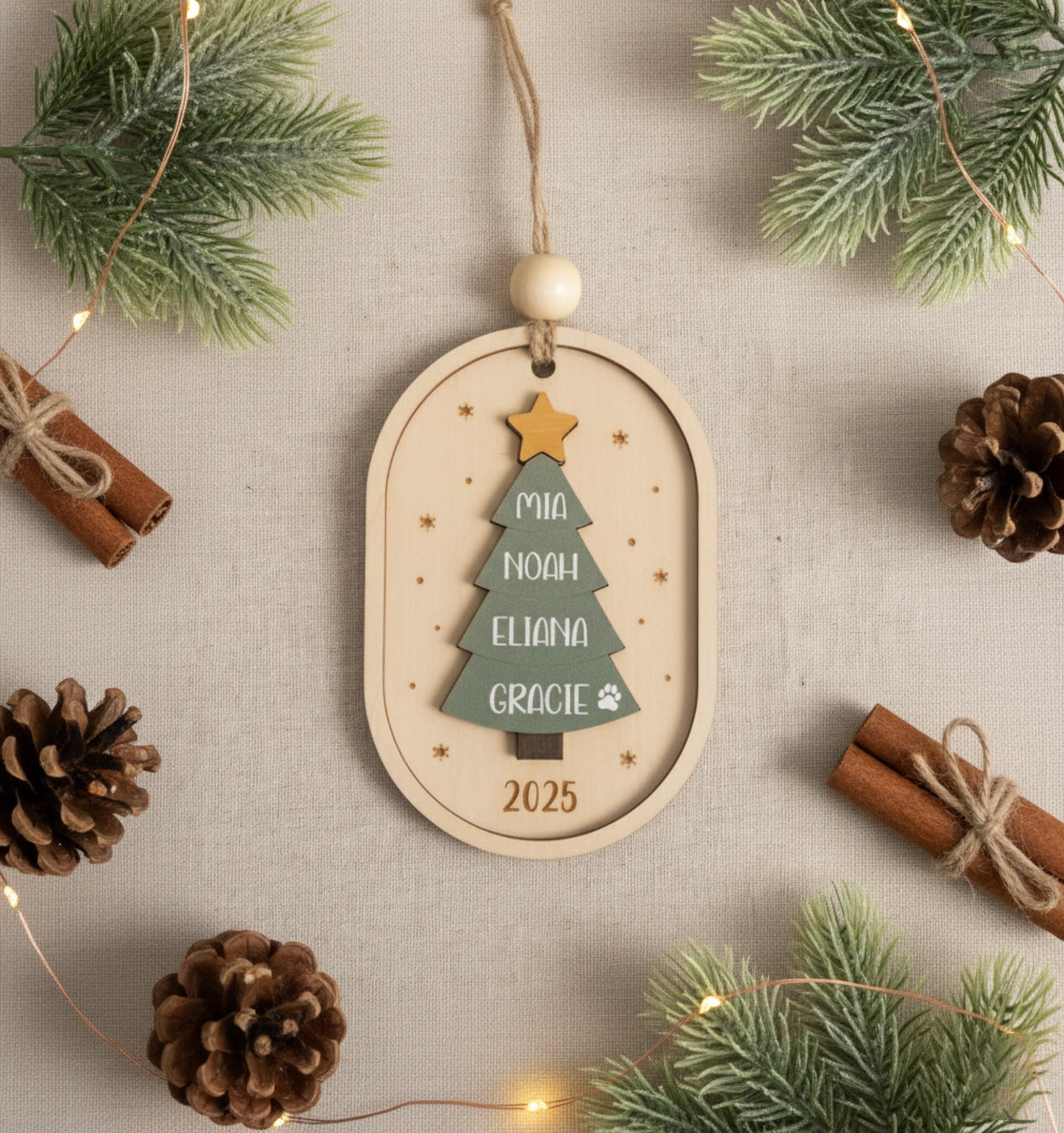Personalized Wooden Christmas Tree Ornament Wood Family Christmas Ornament and Custom Name Ornament D26