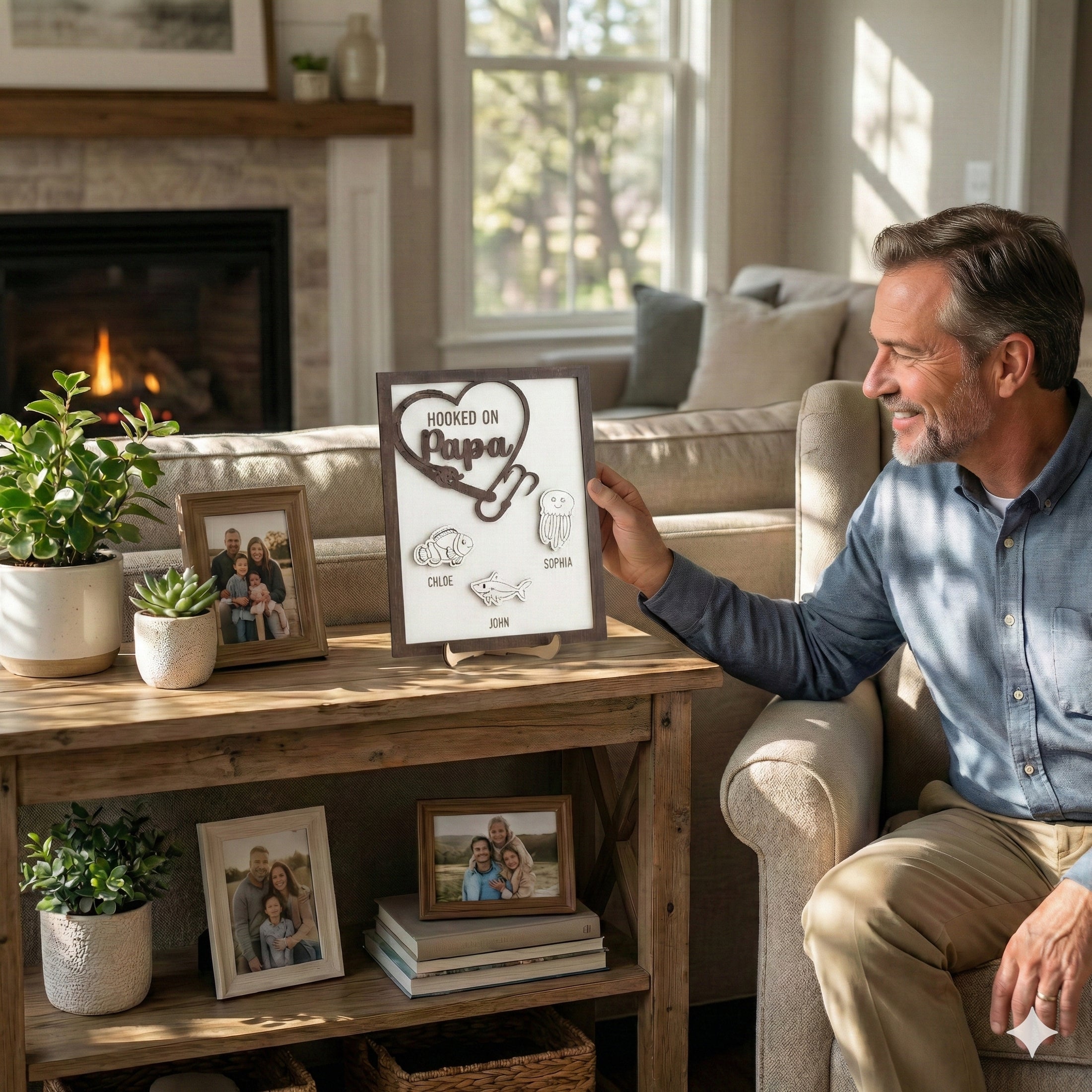 Personalized Hooked on Papa Wooden Table Decor Wood Gift for Papa Y85