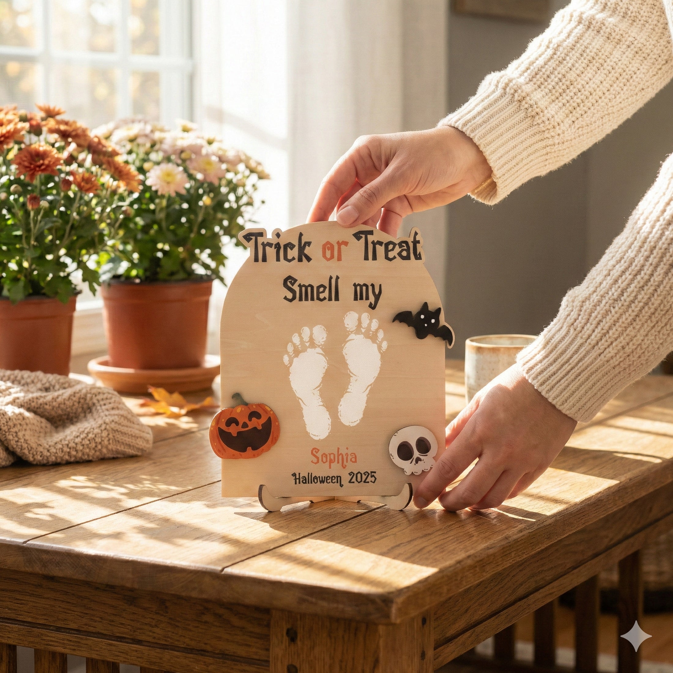 Wooden Halloween Baby Footprint Sign Wood for Baby Decor Y99