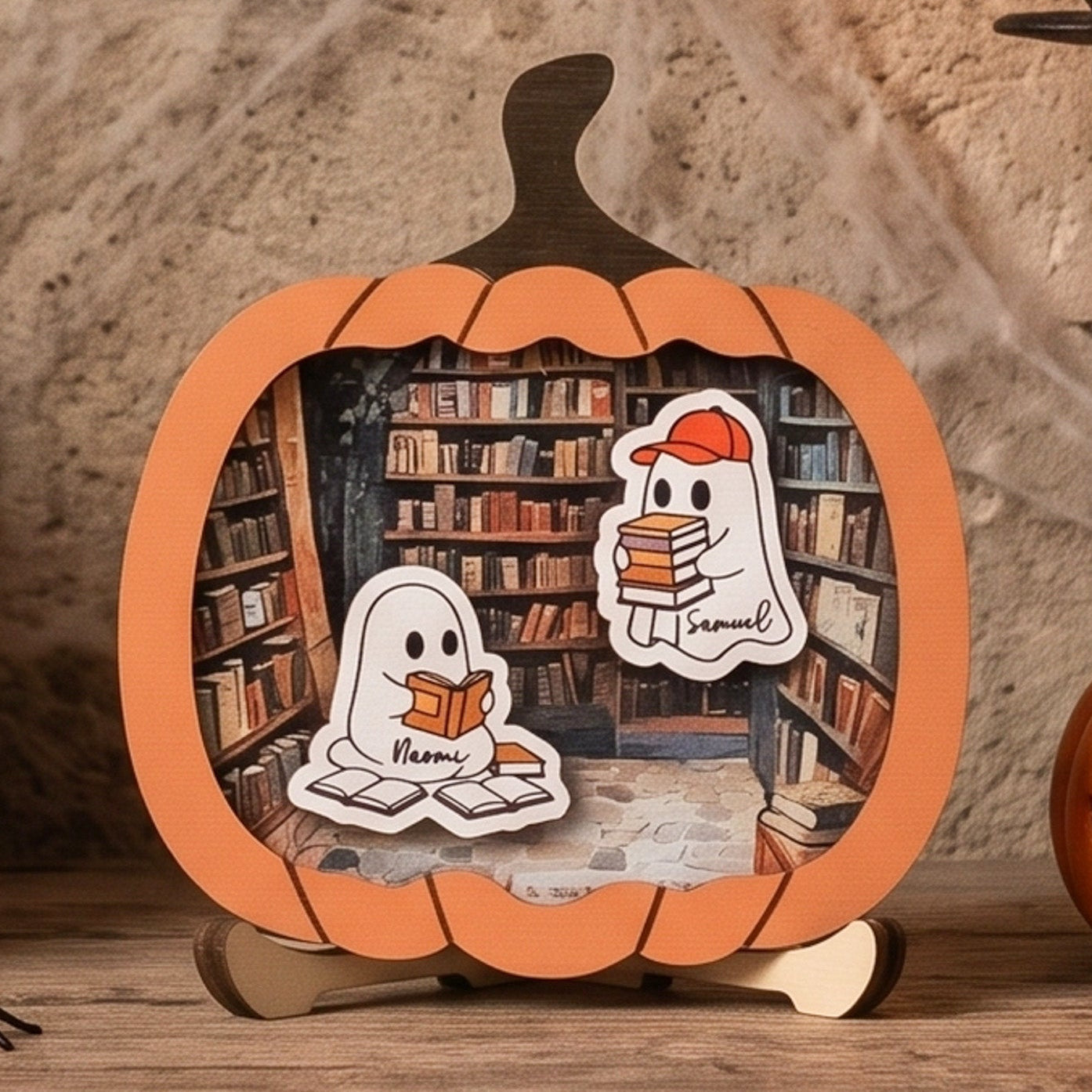 Wooden Pumpkin Library Ghost Halloween Sign Decor for Room B39
