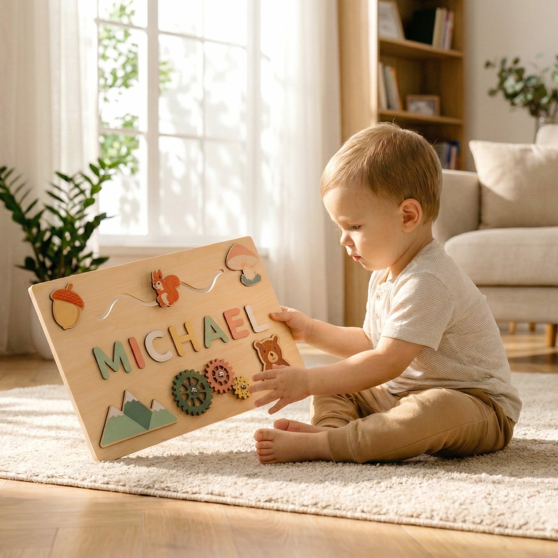 Wooden Busy Board Name Sign for Nursery and Kids Decor R03