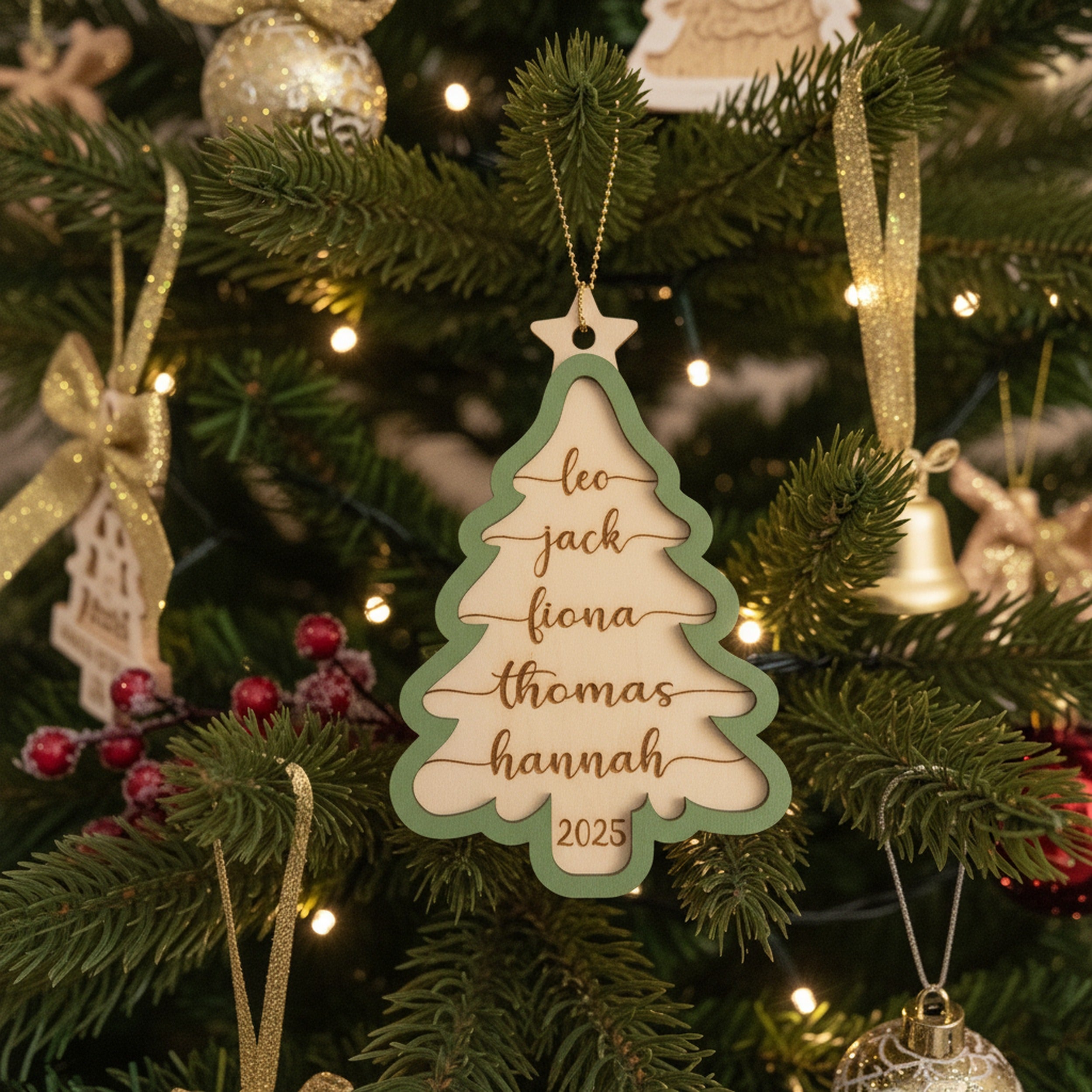 Personalized Wooden Christmas Tree Ornament Wood Christmas Tree Ornament for Family and Custom Wooden Ornament D32