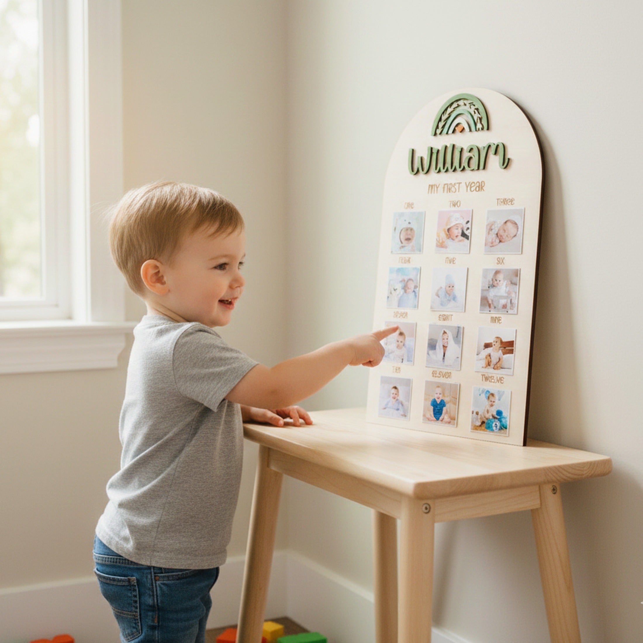 Personalized First Year Photo Board Natural Wood for Nursery J47