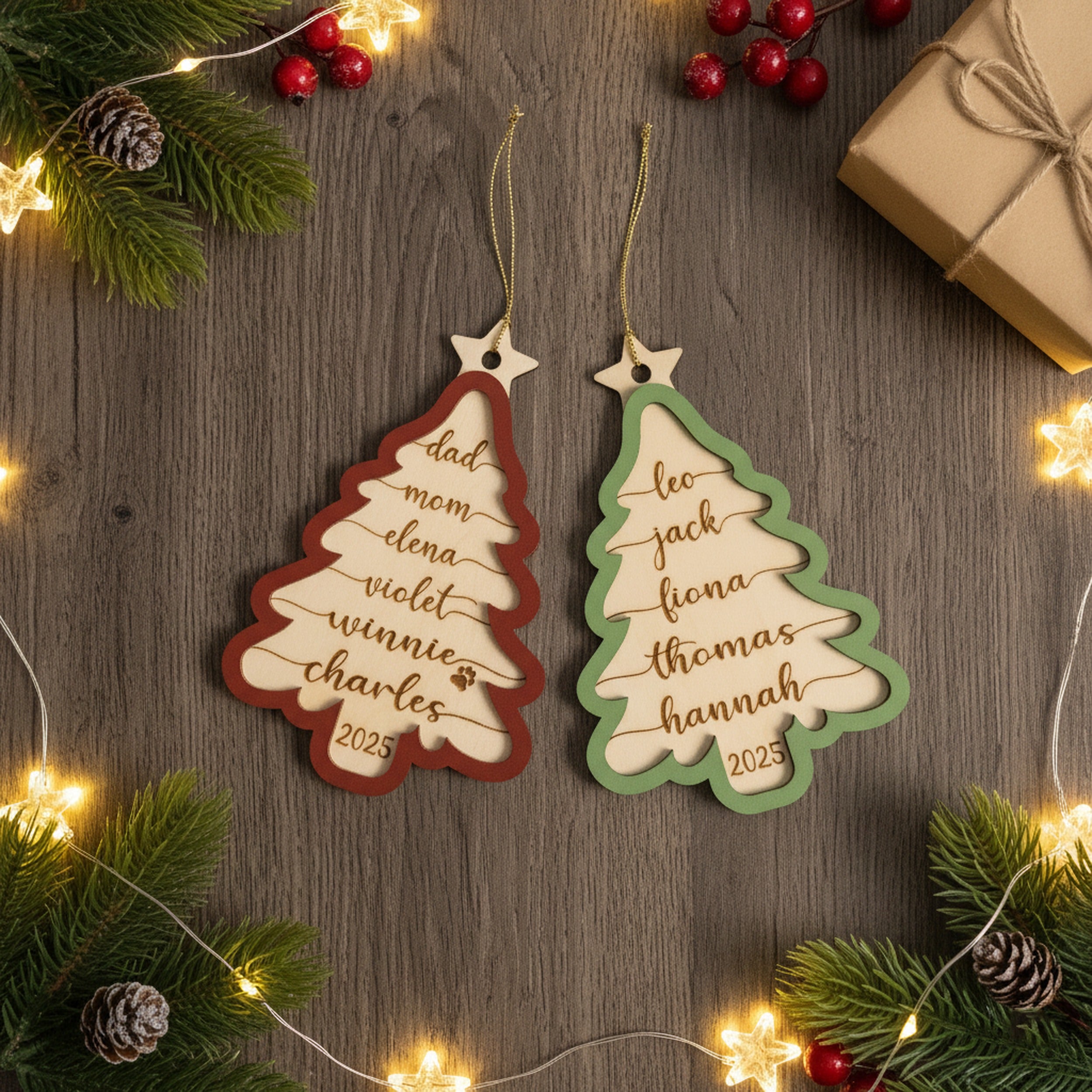 Personalized Wooden Christmas Tree Ornament Wood Christmas Tree Ornament for Family and Custom Wooden Ornament D32