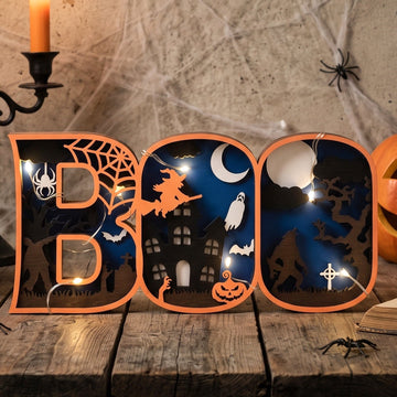 Layered Wooden Halloween BOO Sign Wood, Halloween Table Decor B34