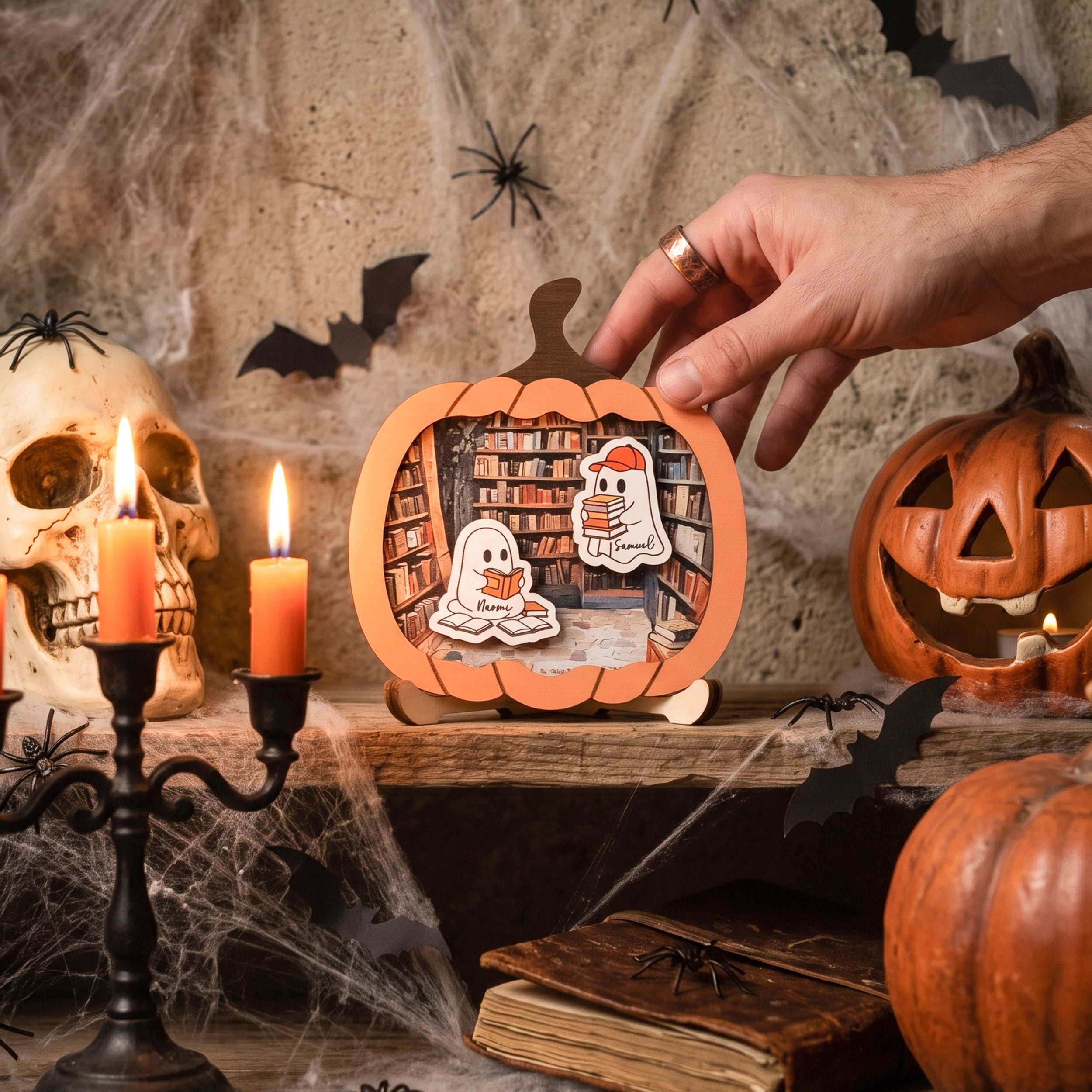Wooden Pumpkin Library Ghost Halloween Sign Decor for Room B39