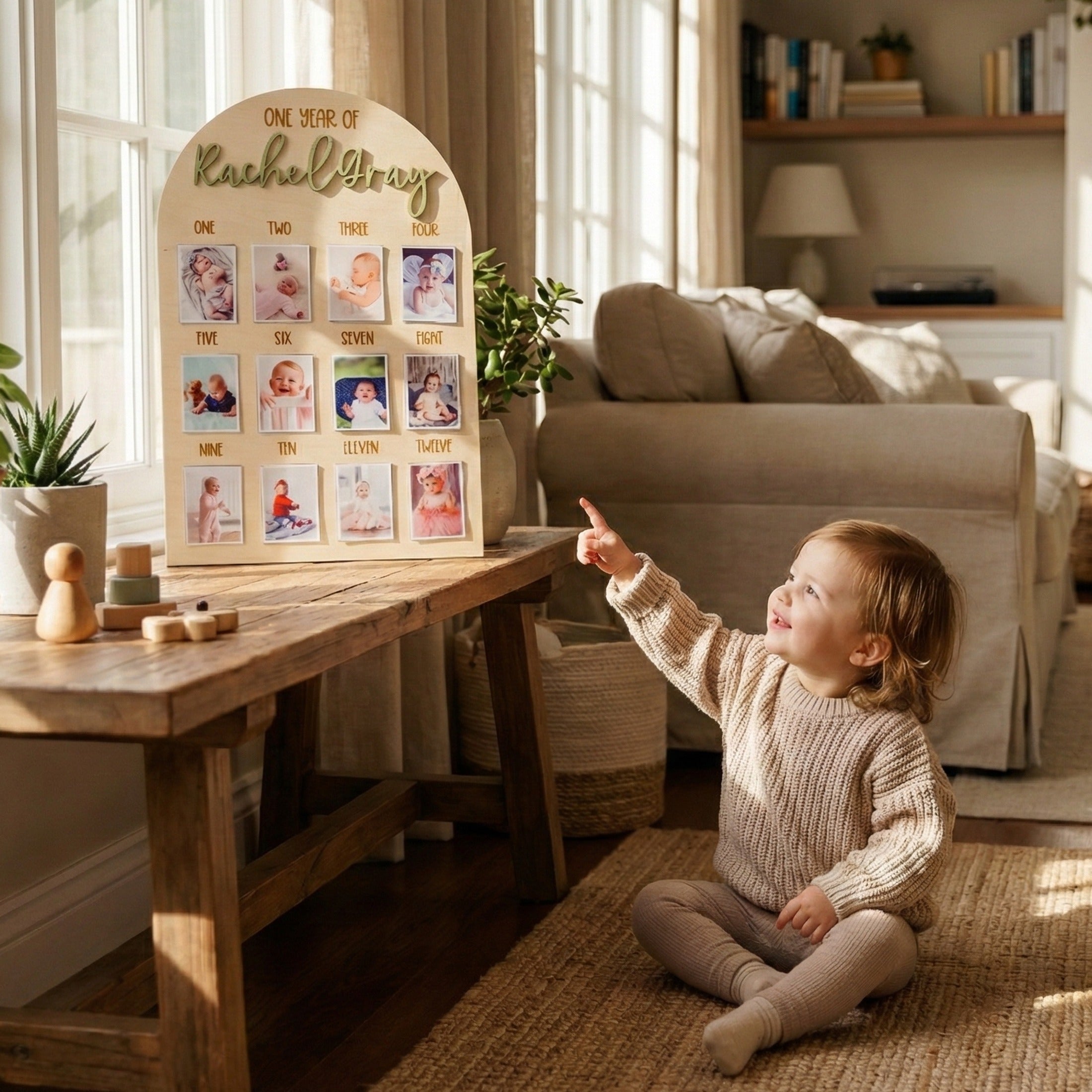 Personalized First Year Photo Board Natural Wood for Baby Milestone Photo Board and Nursery Wall Photo Display Round G23