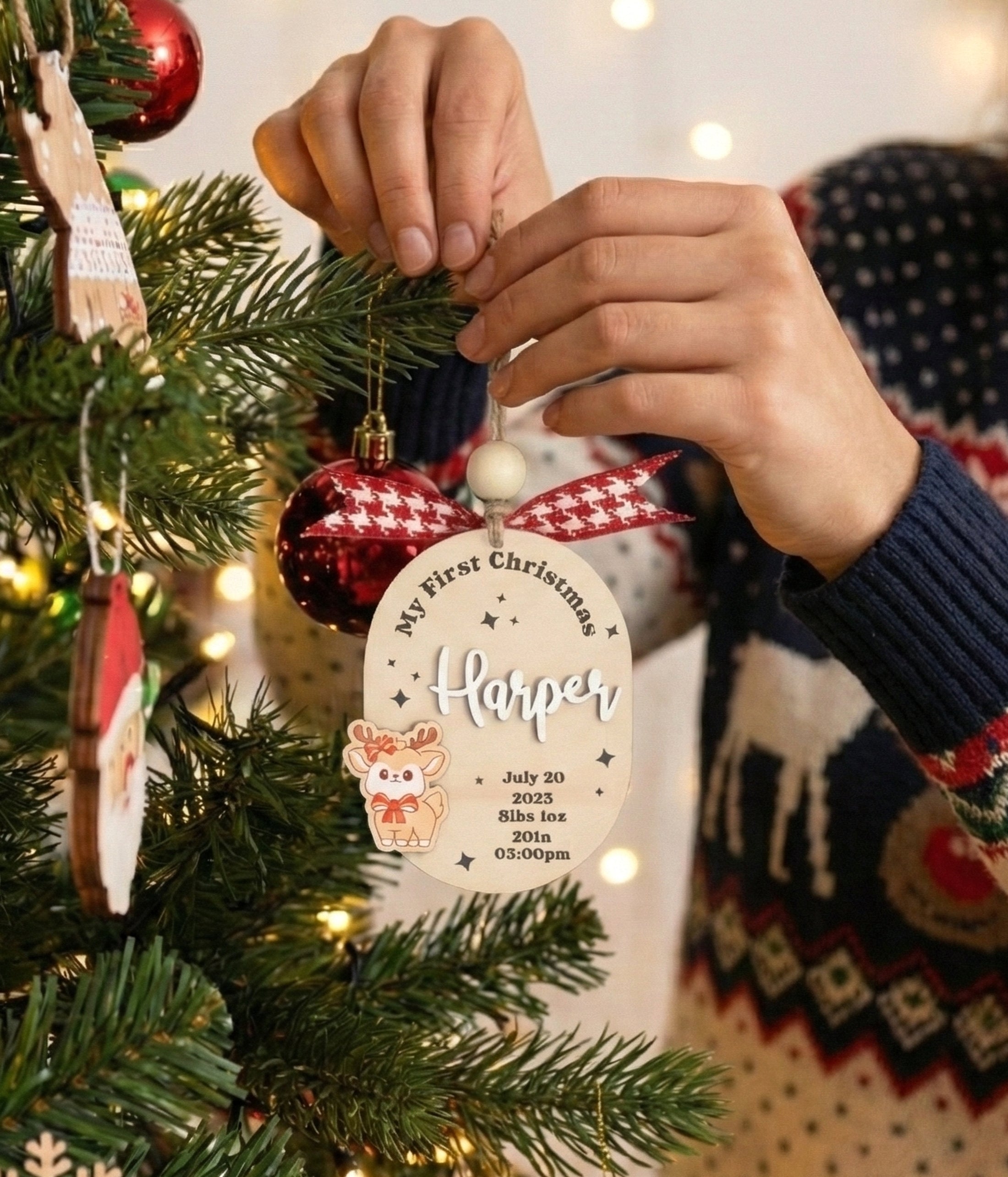 Baby First Christmas Ornament Wood Engraved Baby First Christmas Ornament for Newborn and Custom Baby Birth Ornament D39