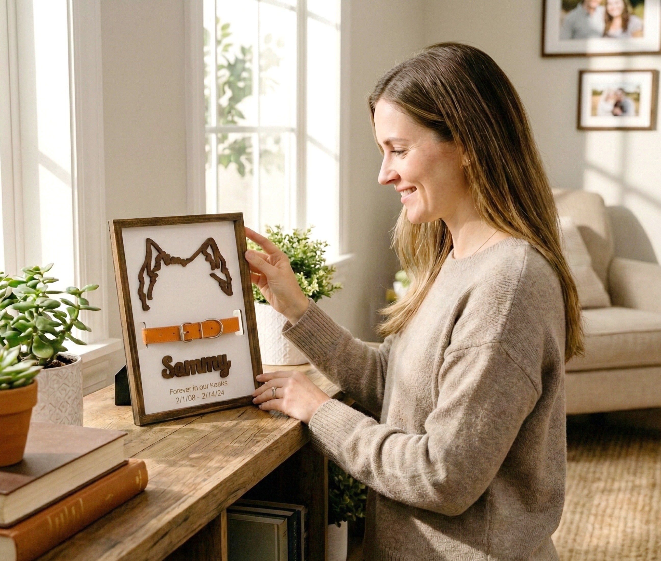 Dog Ear Drawing Framed Wood for Pet Memorial Gift and Decor G98