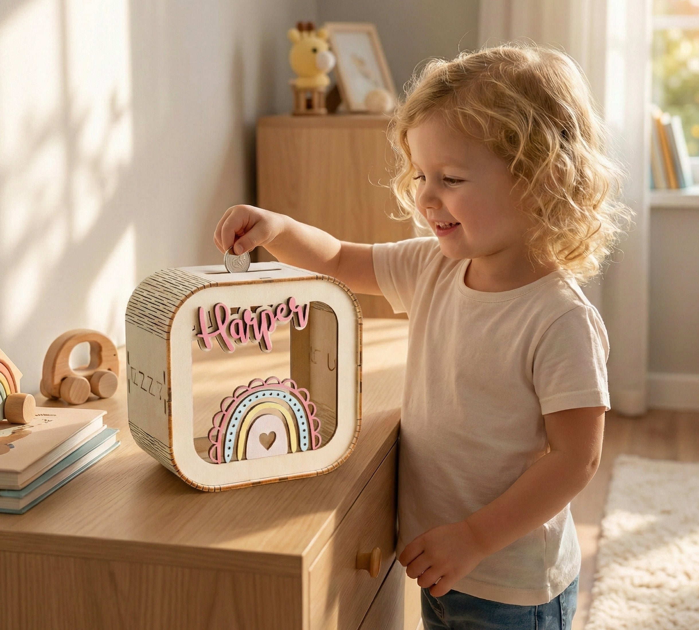 Personalized Wooden Piggy Bank wood acrylic for kids saving and decor E10