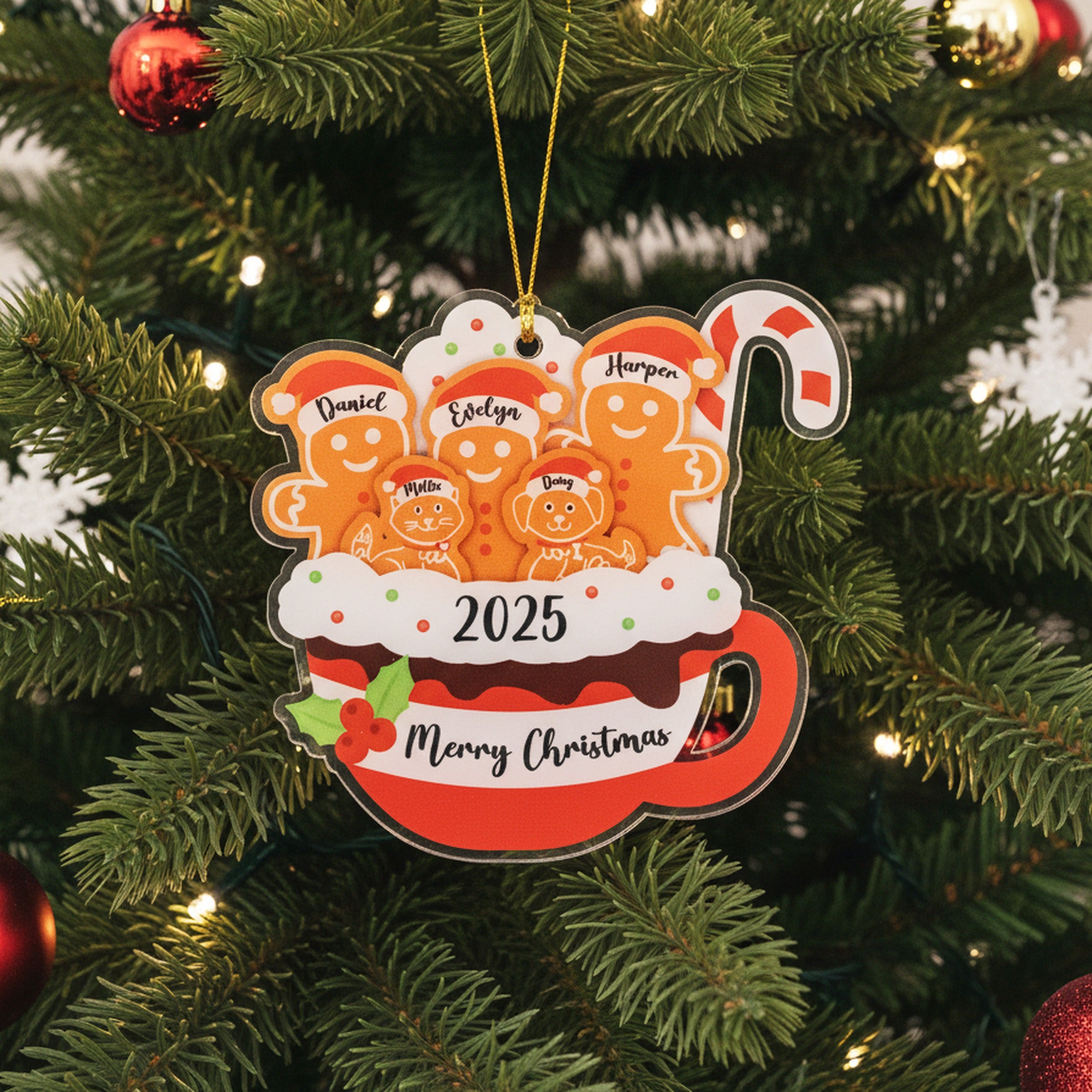 Personalized Gingerbread Family Ornament Acrylic Christmas Tree Ornament for Rustic Holiday Decor D23