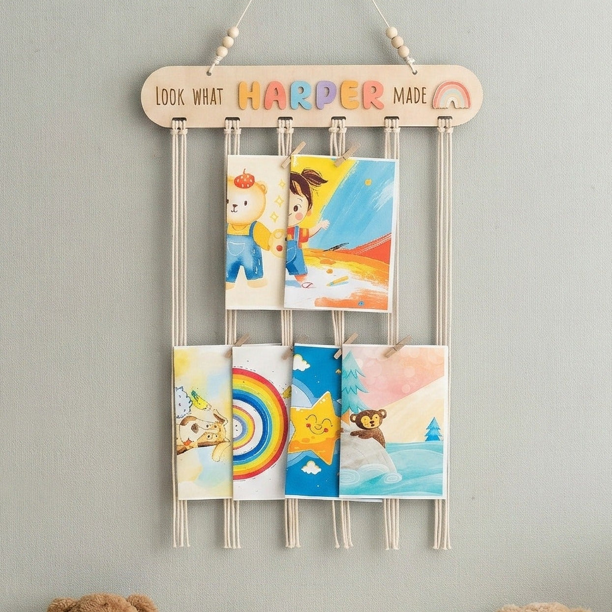 Personalized Macrame Kids Art Display Hanger Wood for Nursery Wall Decor D16