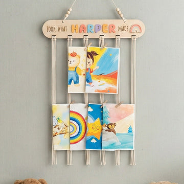 Personalized Macrame Kids Art Hanger with Wood for Nursery Decor D16