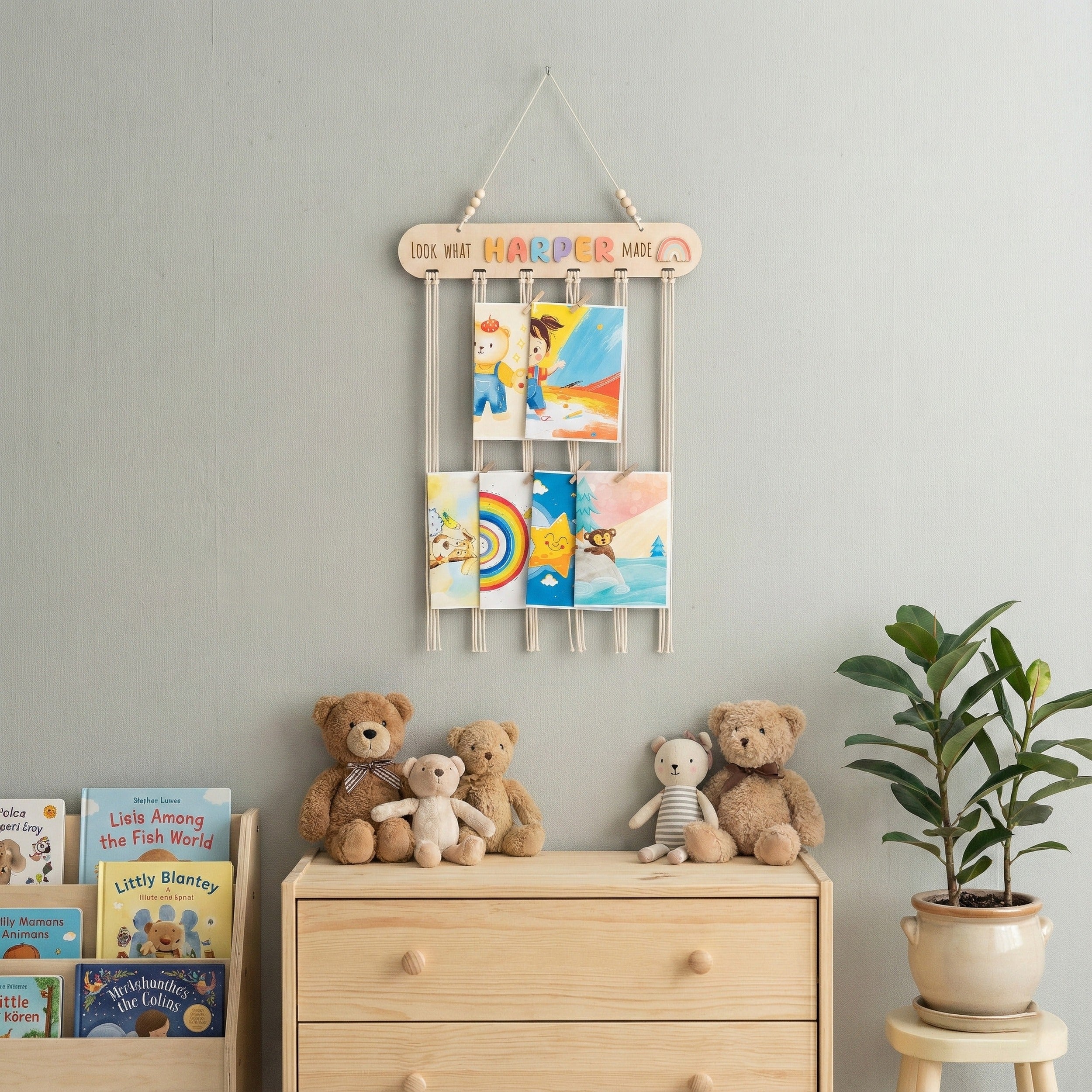 Macrame Kids Art Hanger with Wood for Kids Wall Decor D16