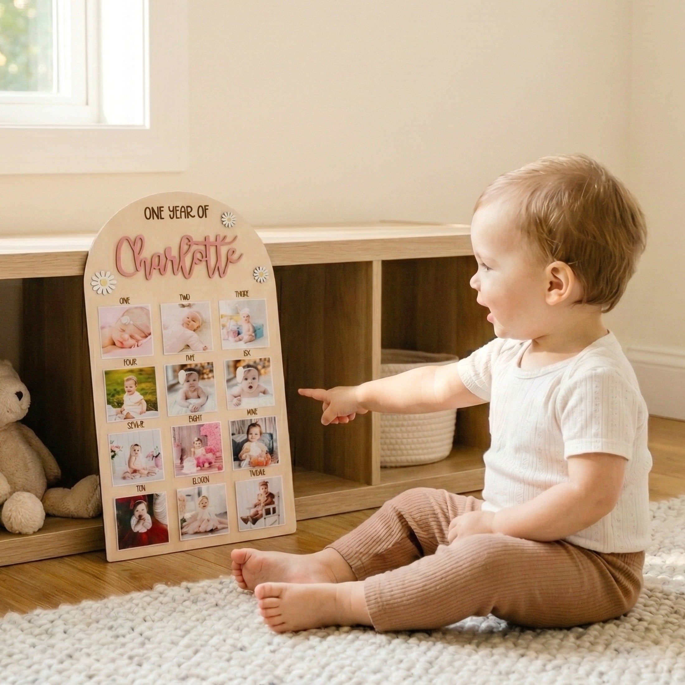Personalized First Year Photo Board Natural Wood for Nursery Wall Decor G71