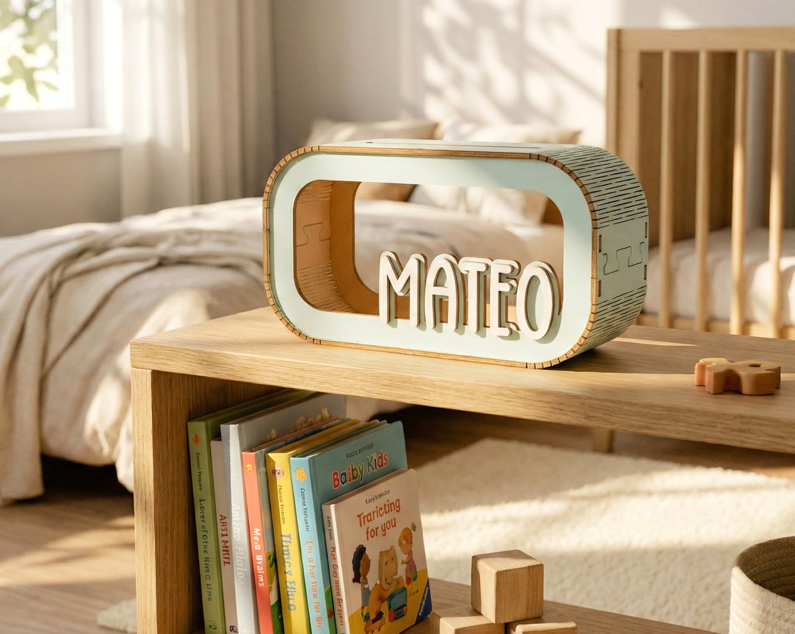 Custom Wooden Piggy Bank for Kids and Nursery Decor E05