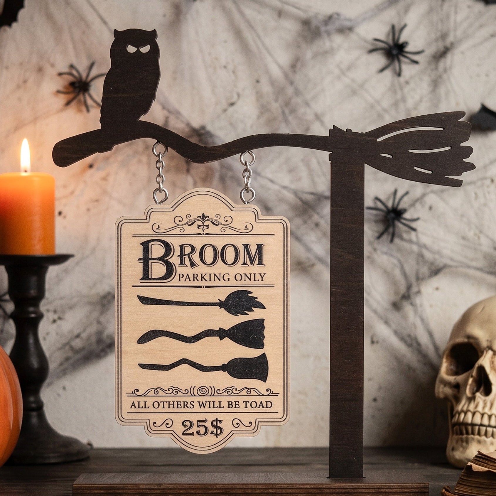Witch Broom Parking Wood Sign for Halloween Table Decor B36