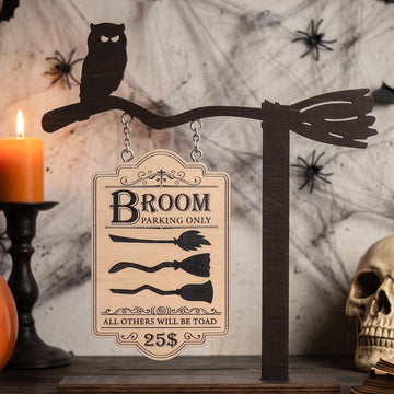 Witch Broom Parking Wood Sign for Spooky Halloween Decor B36