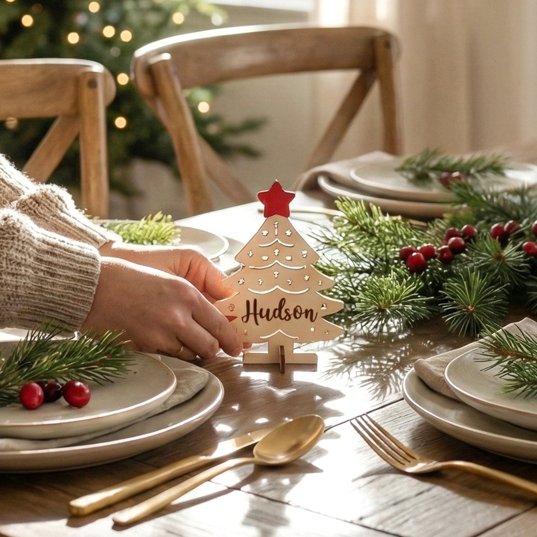 Personalized Wooden Christmas Tree Name Place Wood for Christmas Table Place Cards D17