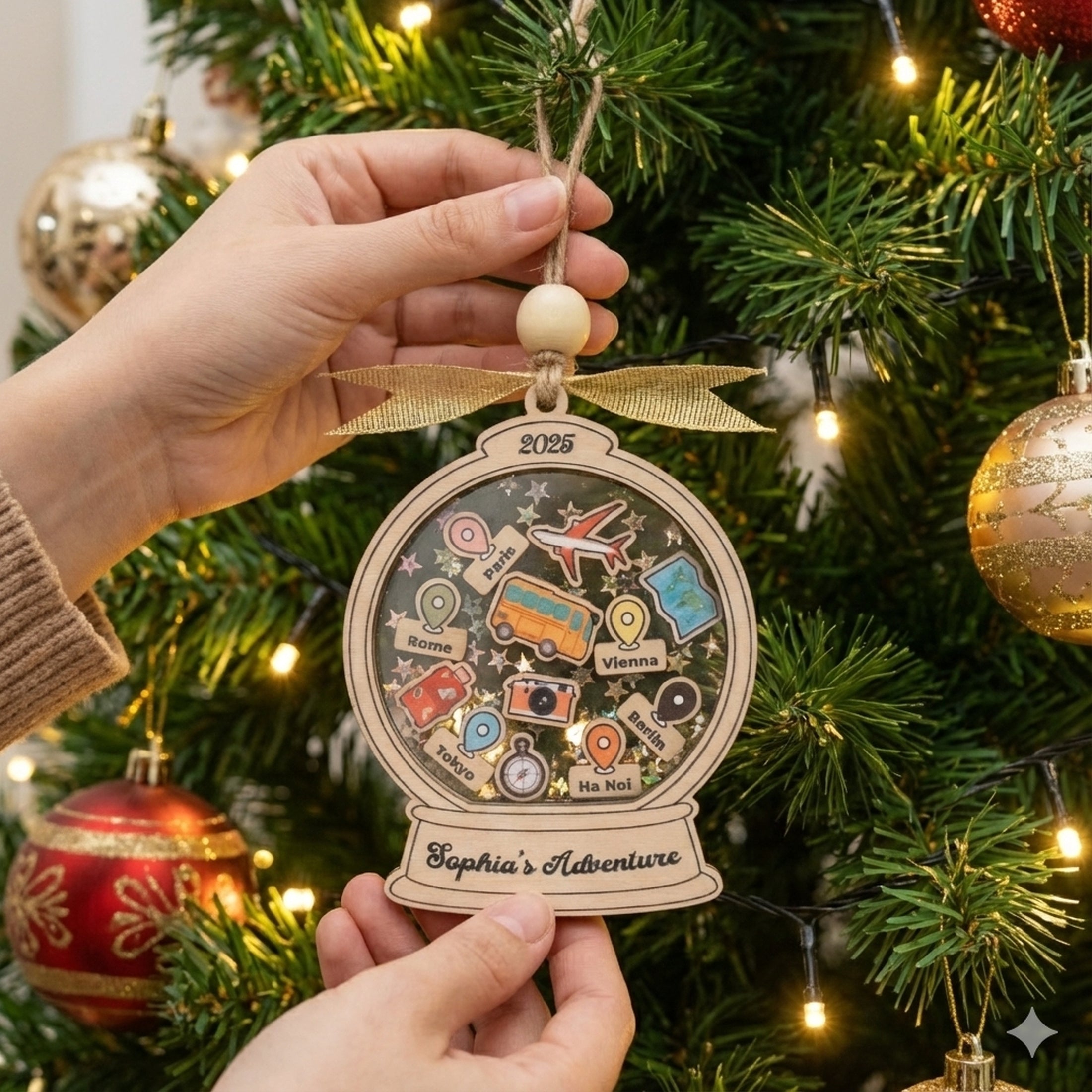 Personalized Travel Ornament Wood for Travel Keepsake and Decor D22