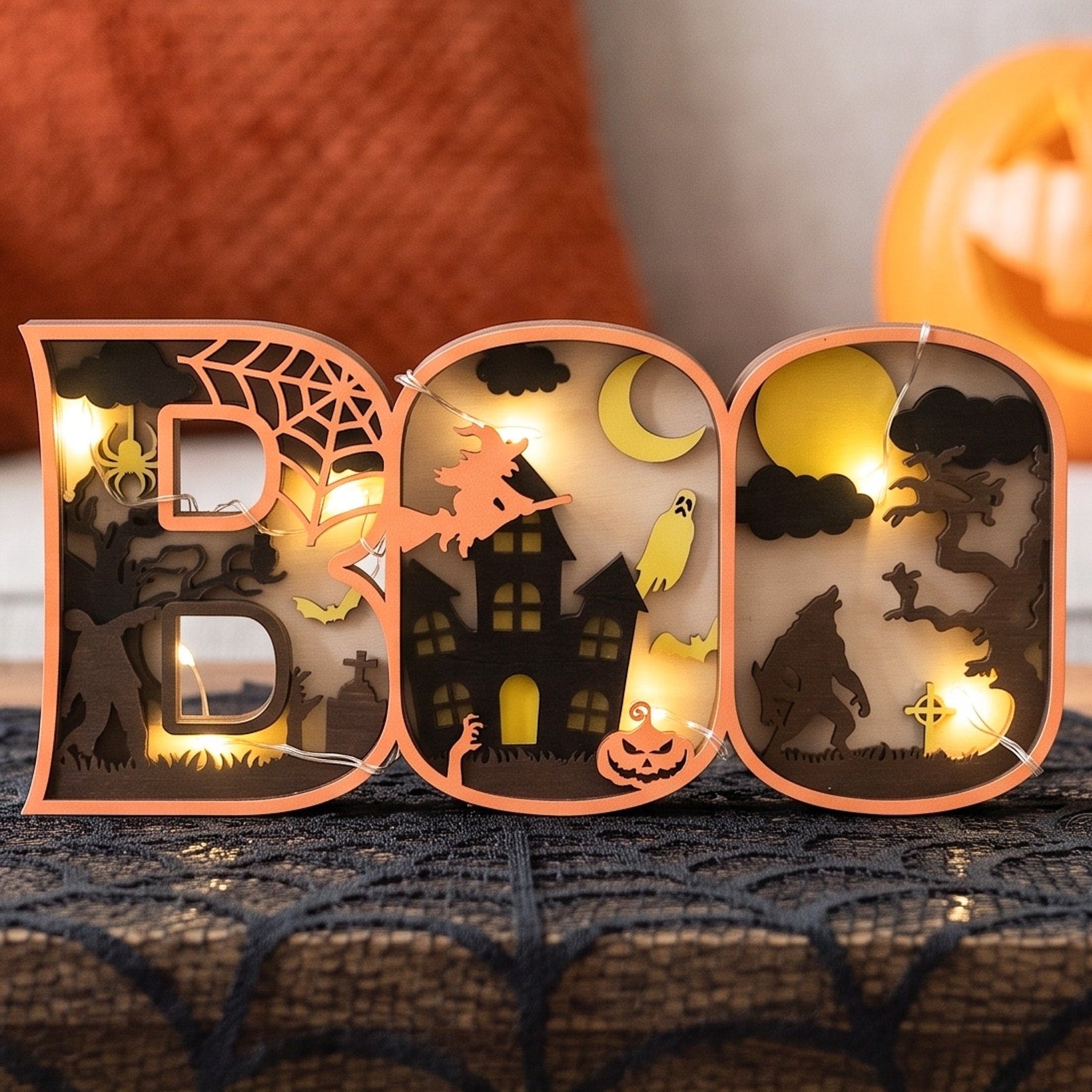 Layered Wooden Halloween BOO Sign Wood and Halloween Centerpiece B34