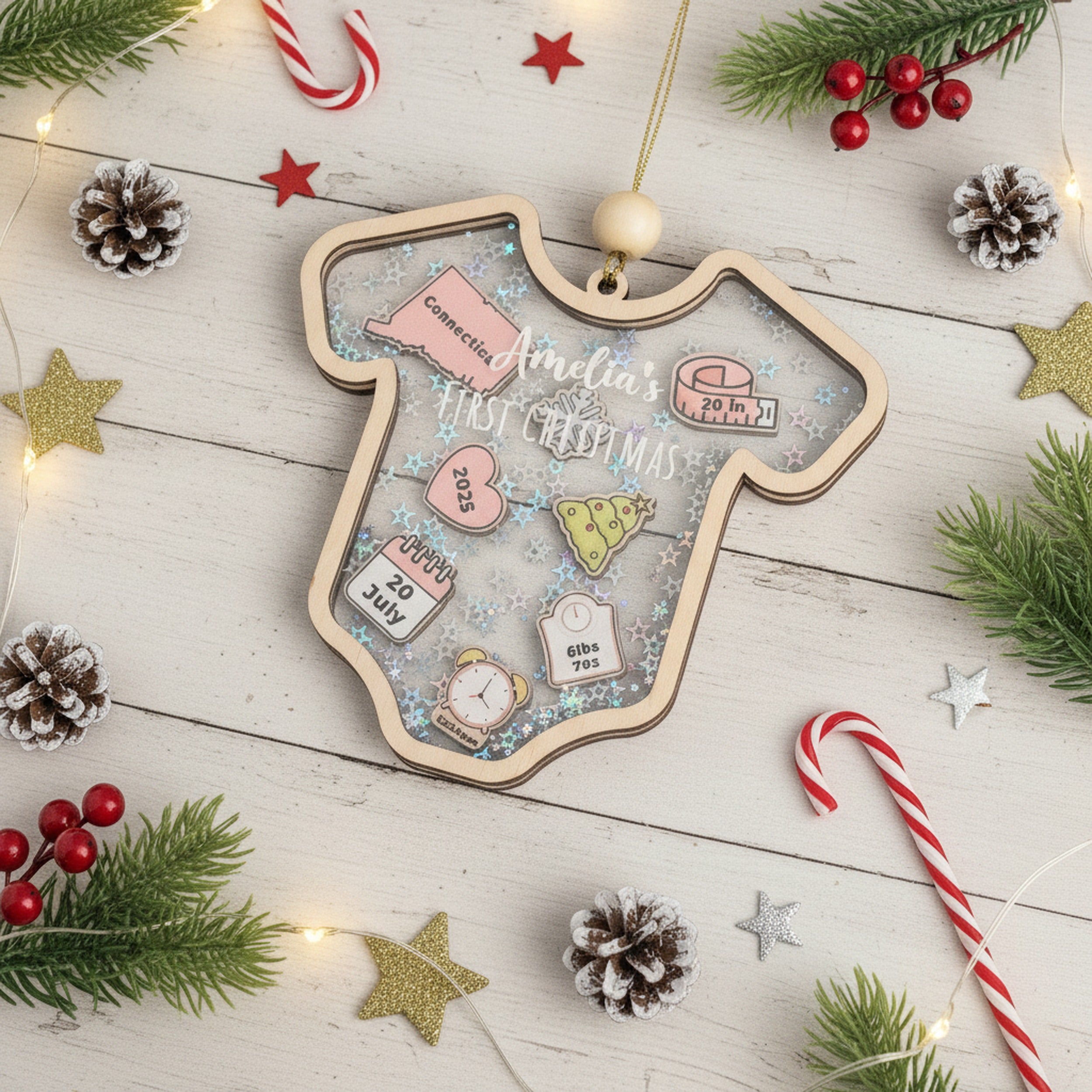 Babys First Christmas Ornament Wood and Acrylic for Baby Keepsake D21
