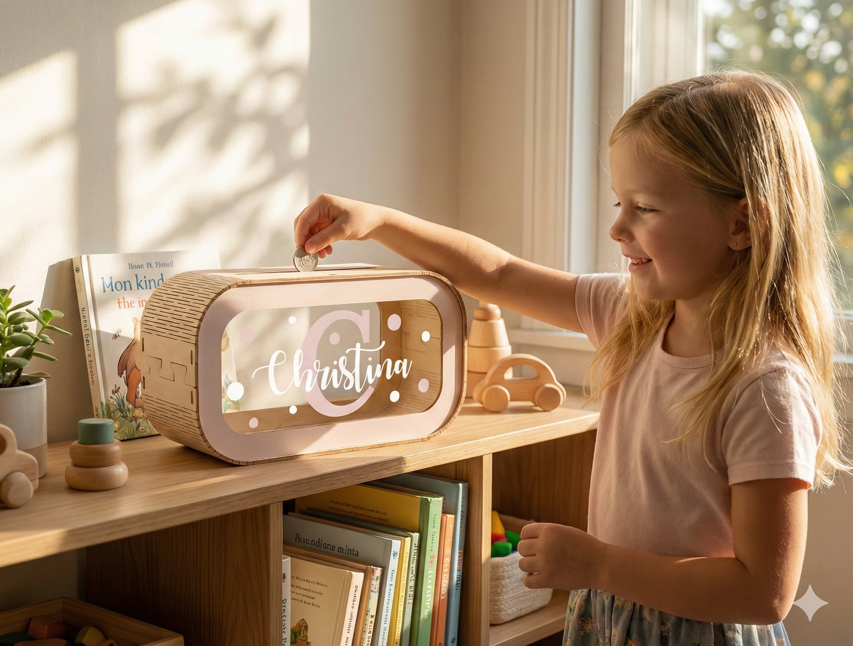 Personalized Wooden Piggy Bank Wood Acrylic Initial Money Box J23