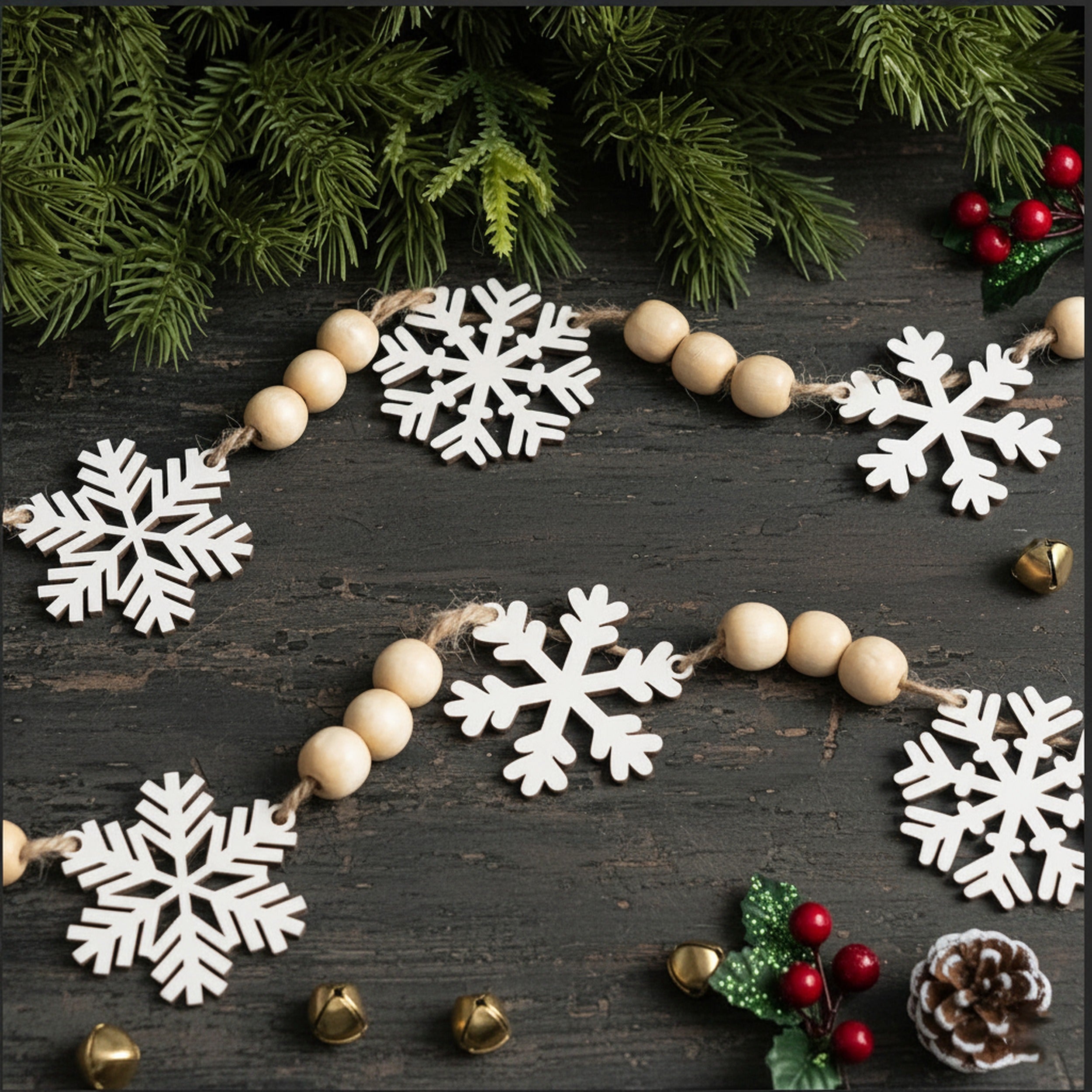 Wooden Snowflake Garland Wood Holiday Garland for Scandinavian Christmas Decor Y03