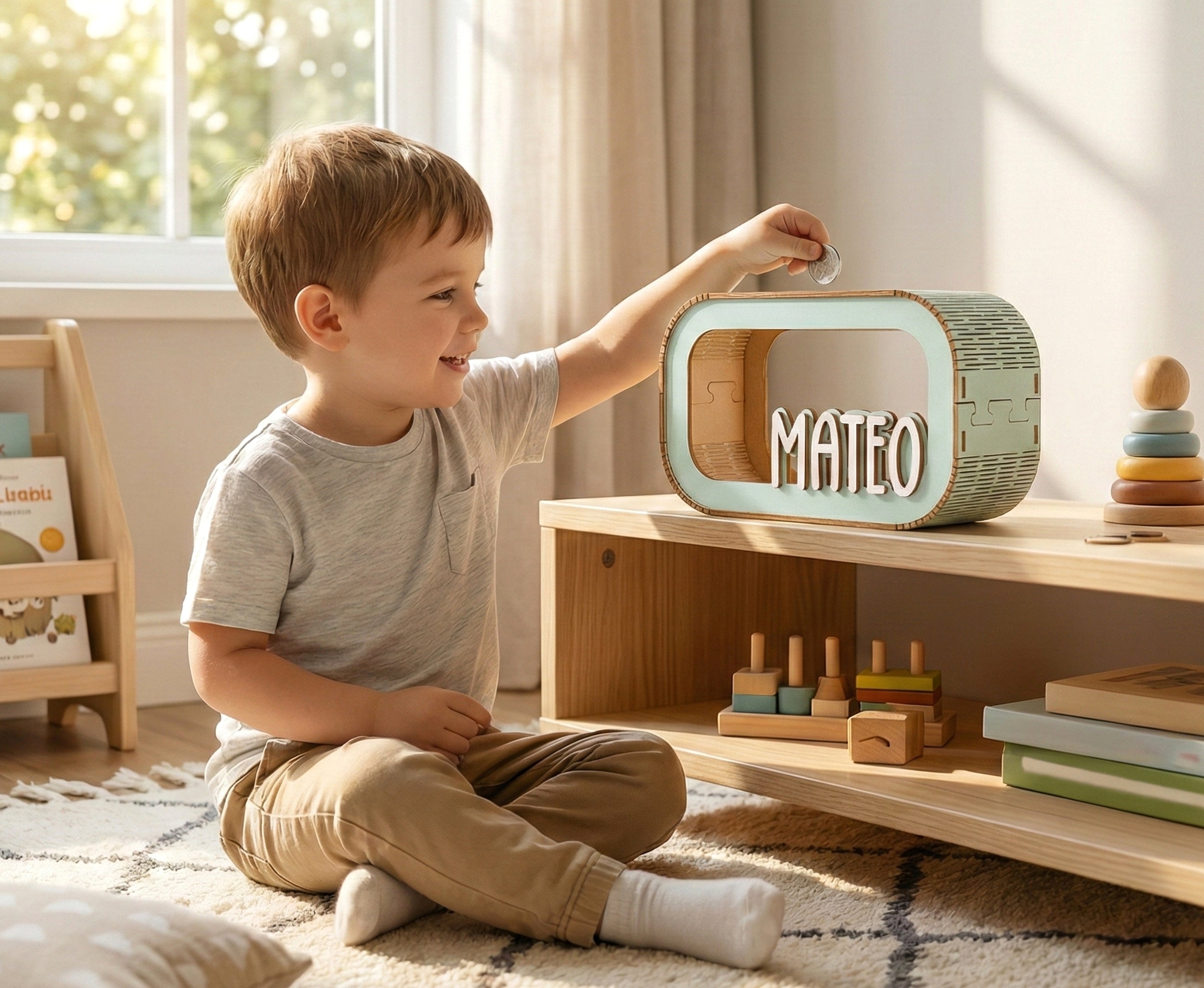 Custom Wooden Piggy Bank for Kids and Nursery Decor E05