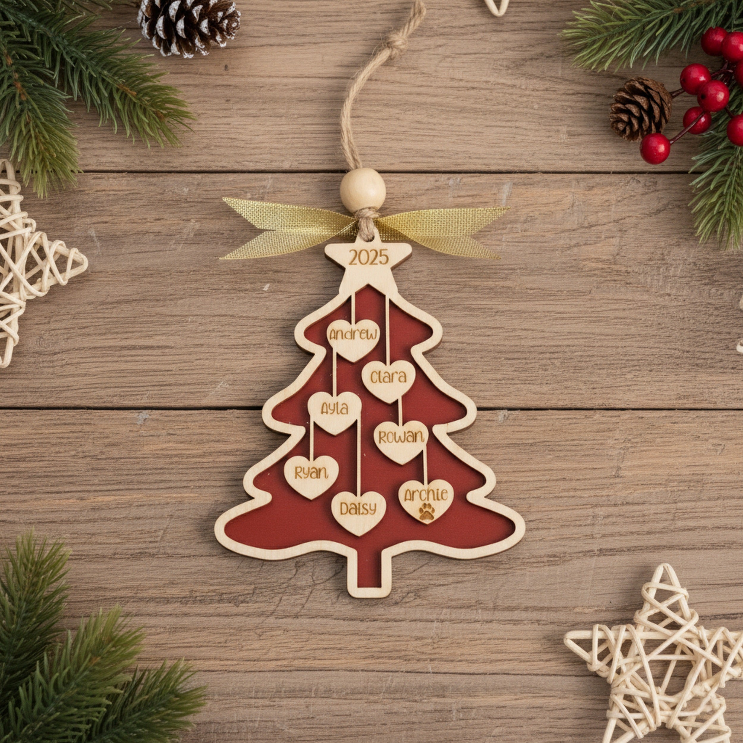 Wooden Family Christmas Tree Ornament Custom for Personalized Family Christmas Ornament and Engraved Wooden Family Ornament R70