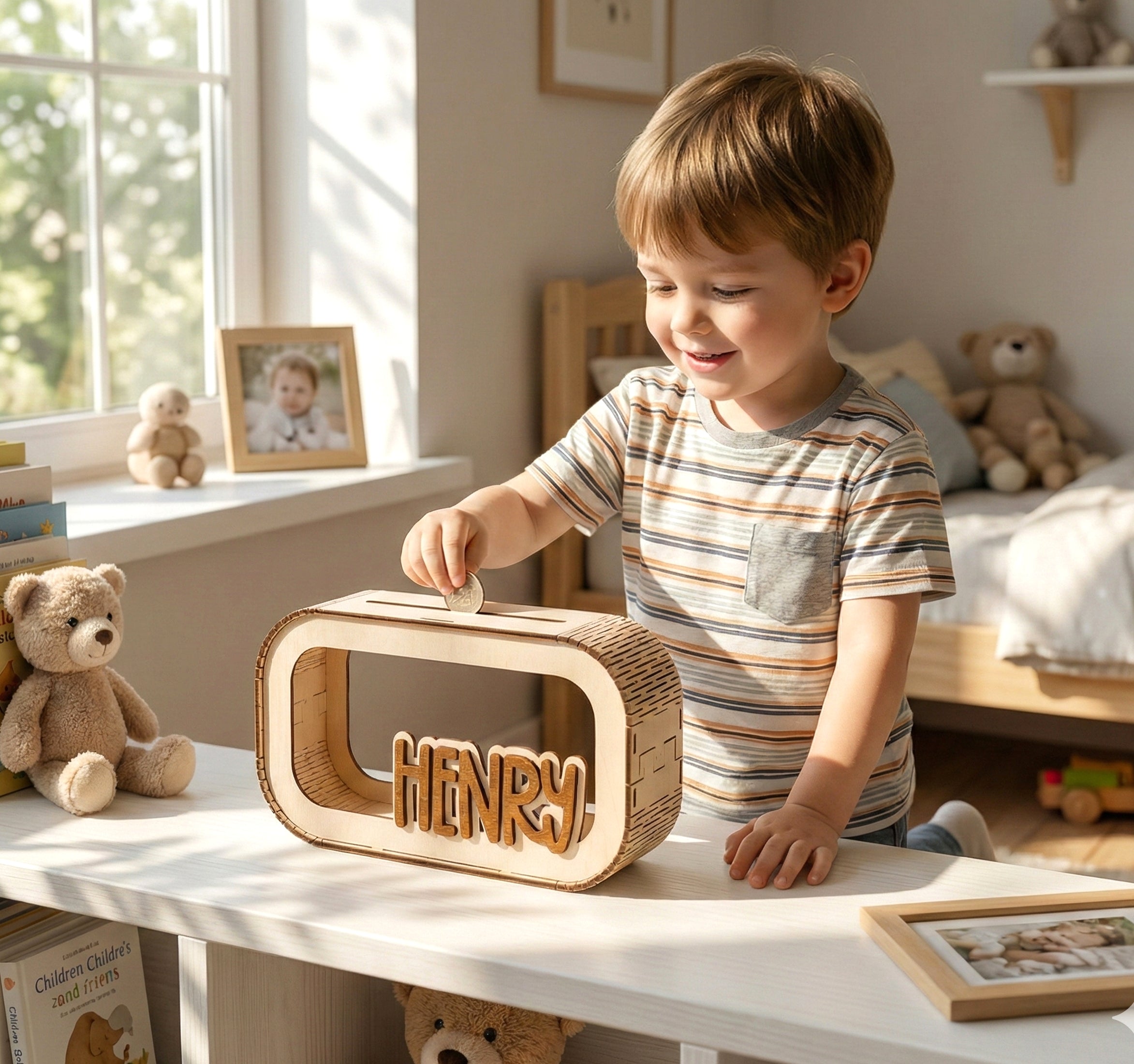 Personalized Wooden Piggy Bank Wood Acrylic Decorative Money Box Y22