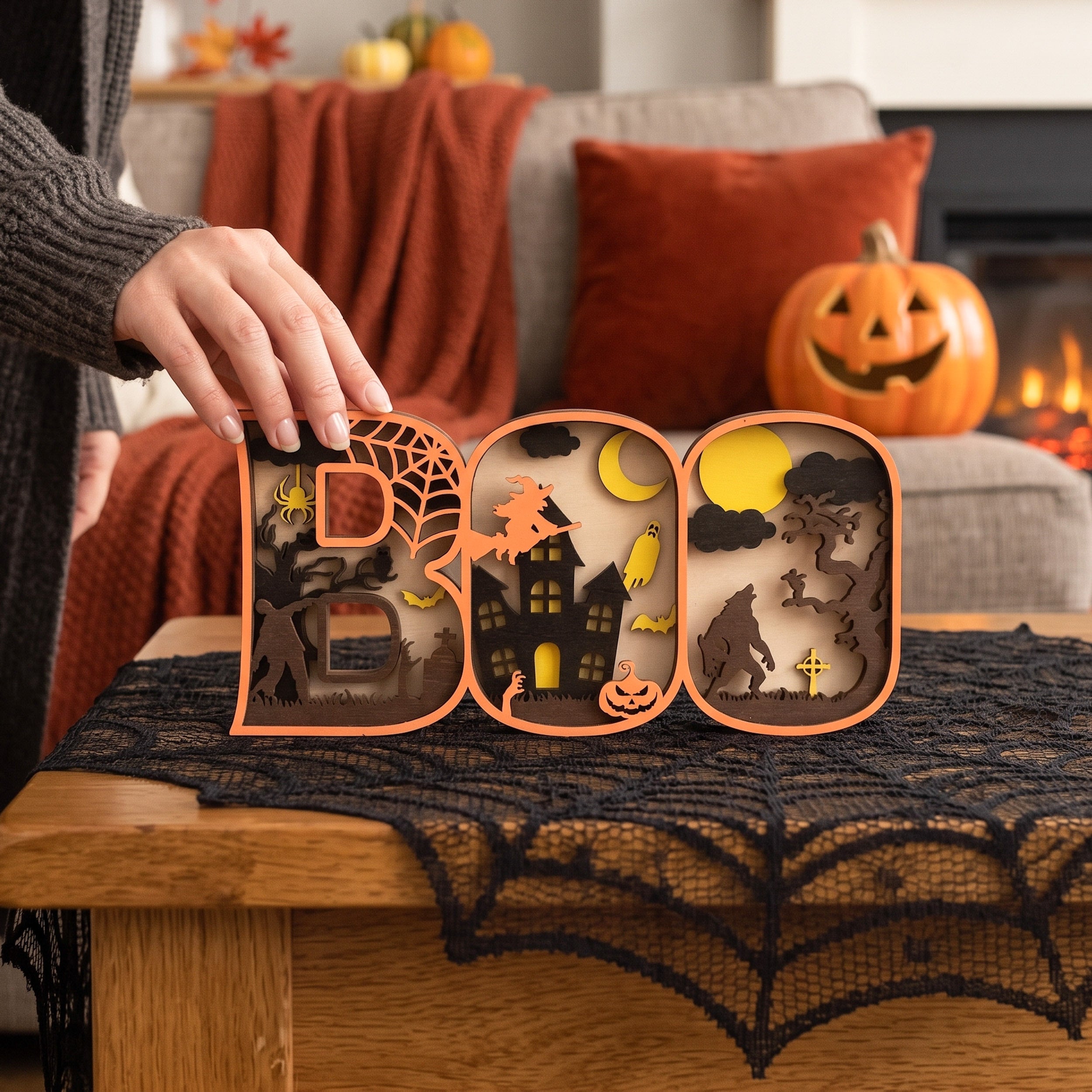 Layered Wooden Halloween BOO Sign Wood and Halloween Centerpiece B34