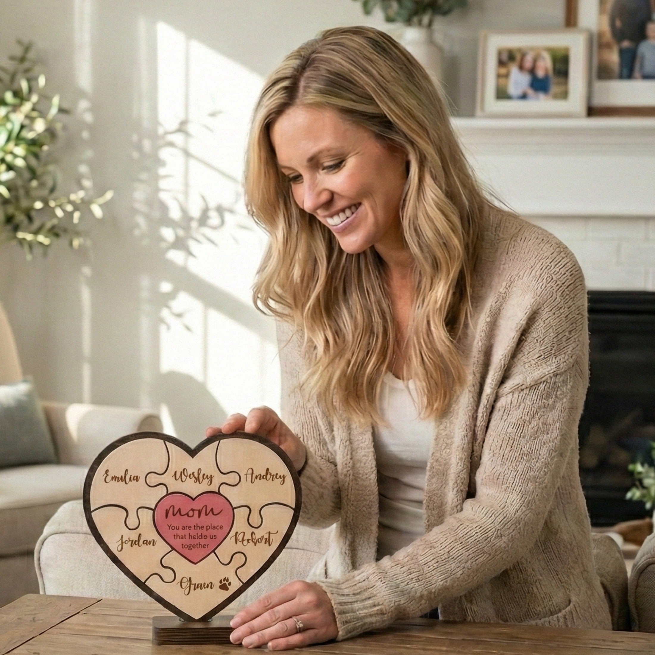Personalized Wooden Heart Puzzle Frame for Mom Wooden Decor Gift for Mom and Personalized Puzzle Frame Round E95